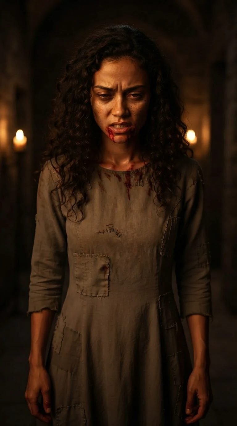 Riona stands frozen, eyes lowered, jaw tight, believing the threat.
