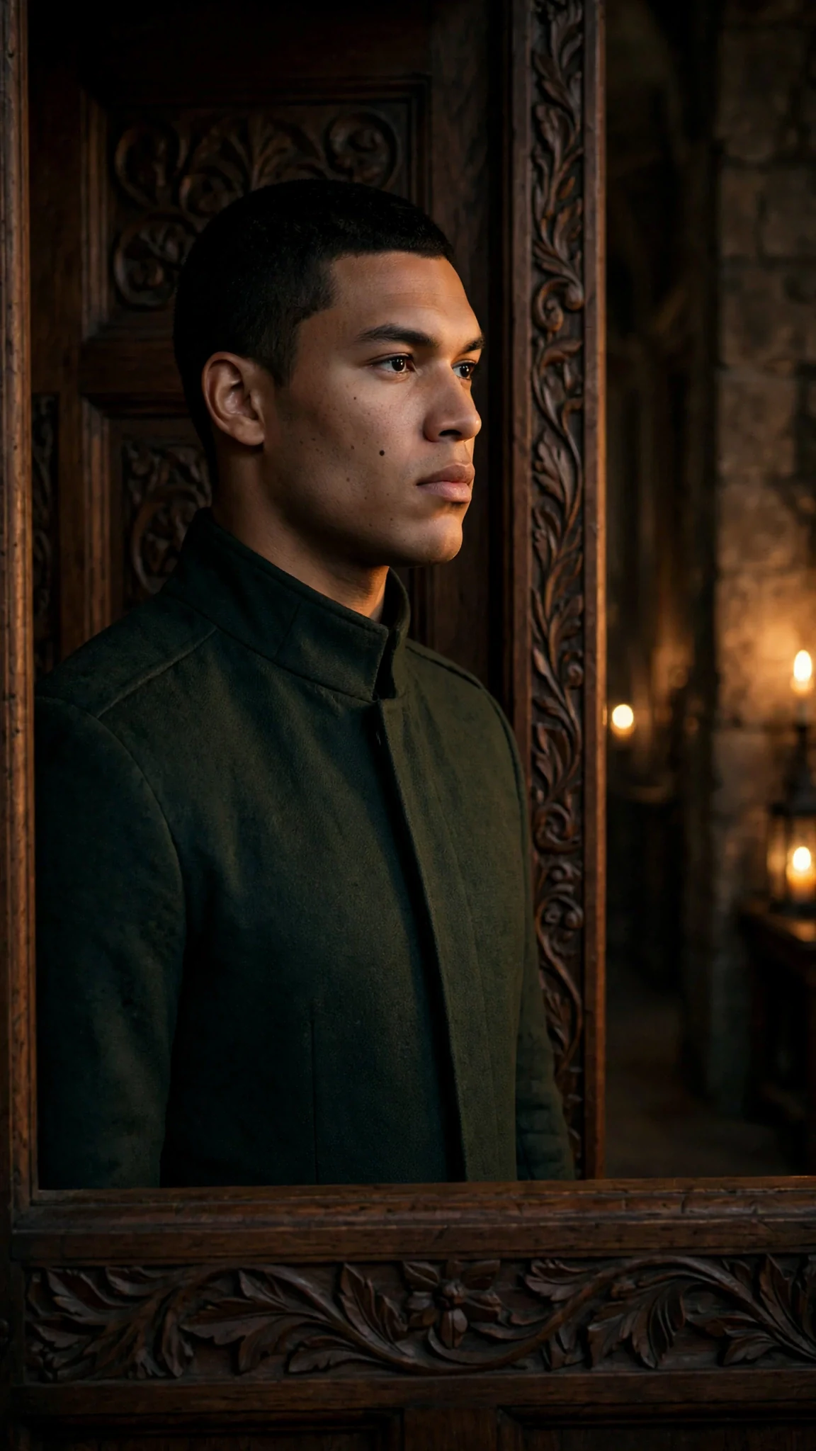 Caelum stands in the side doorway, jaw tight, watching Riona.