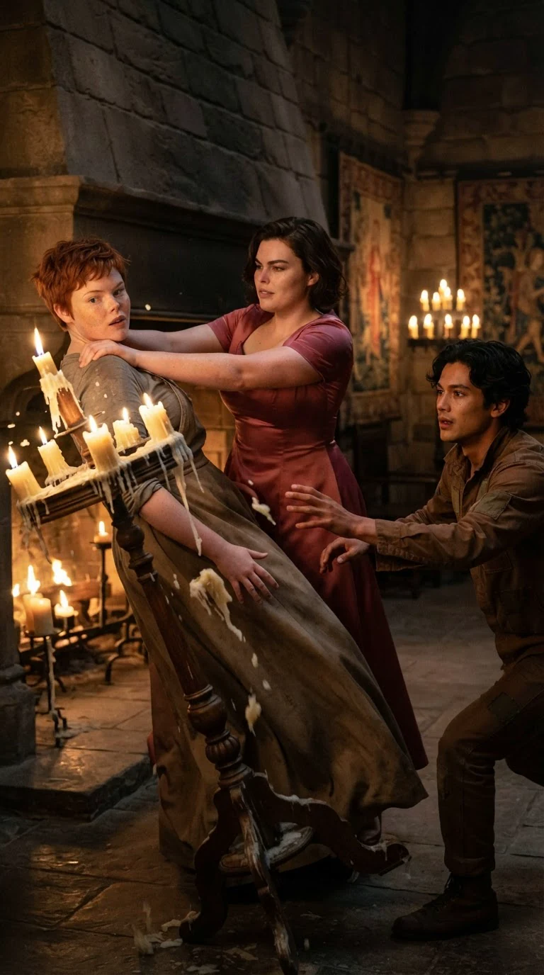 Selba shoves Briar into a candle stand, candles toppling.