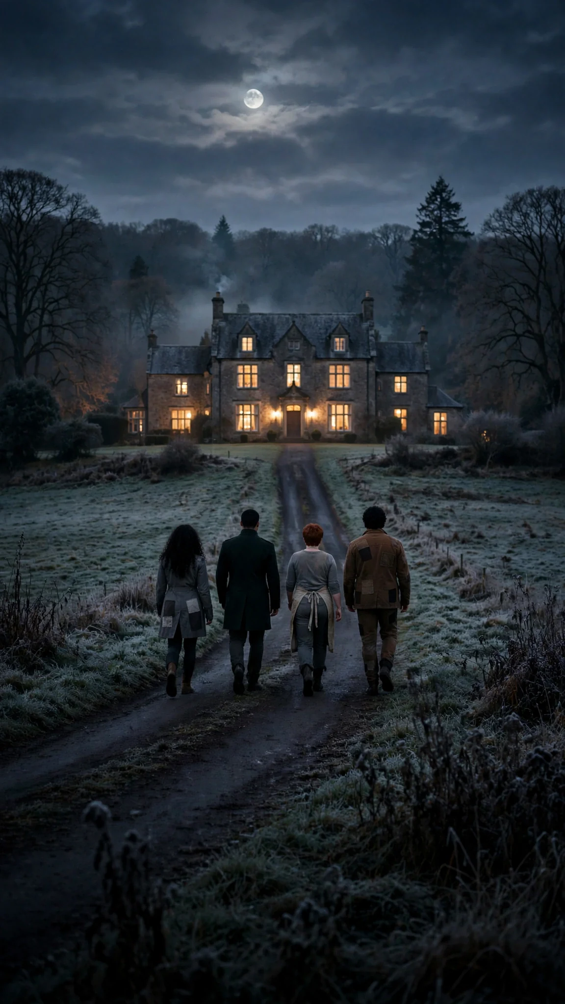 The Alpha House ahead, lit windows, dark road.