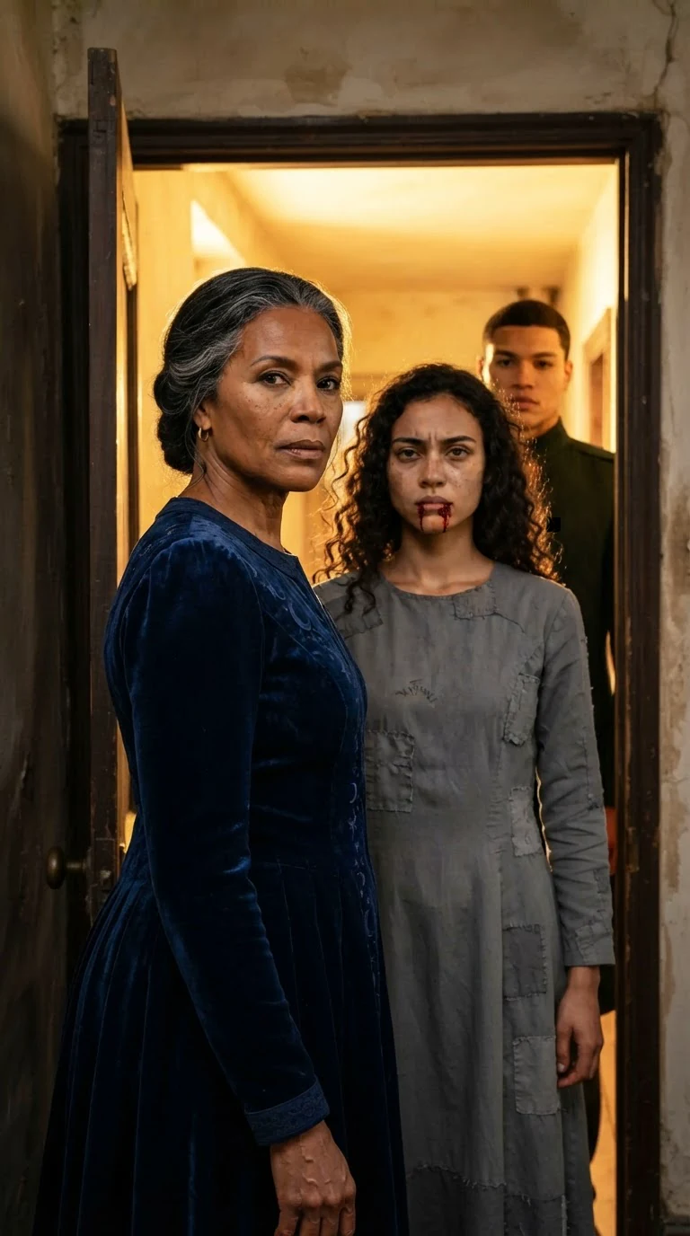 Luna Thera opens the door in a deep blue dress, taking in the blood.