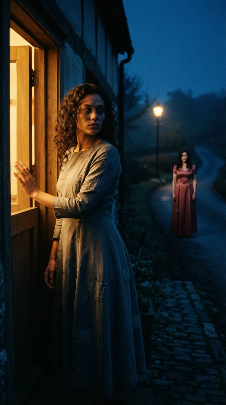 Riona on the threshold, looking back at a rose-colored dress in the dark street.