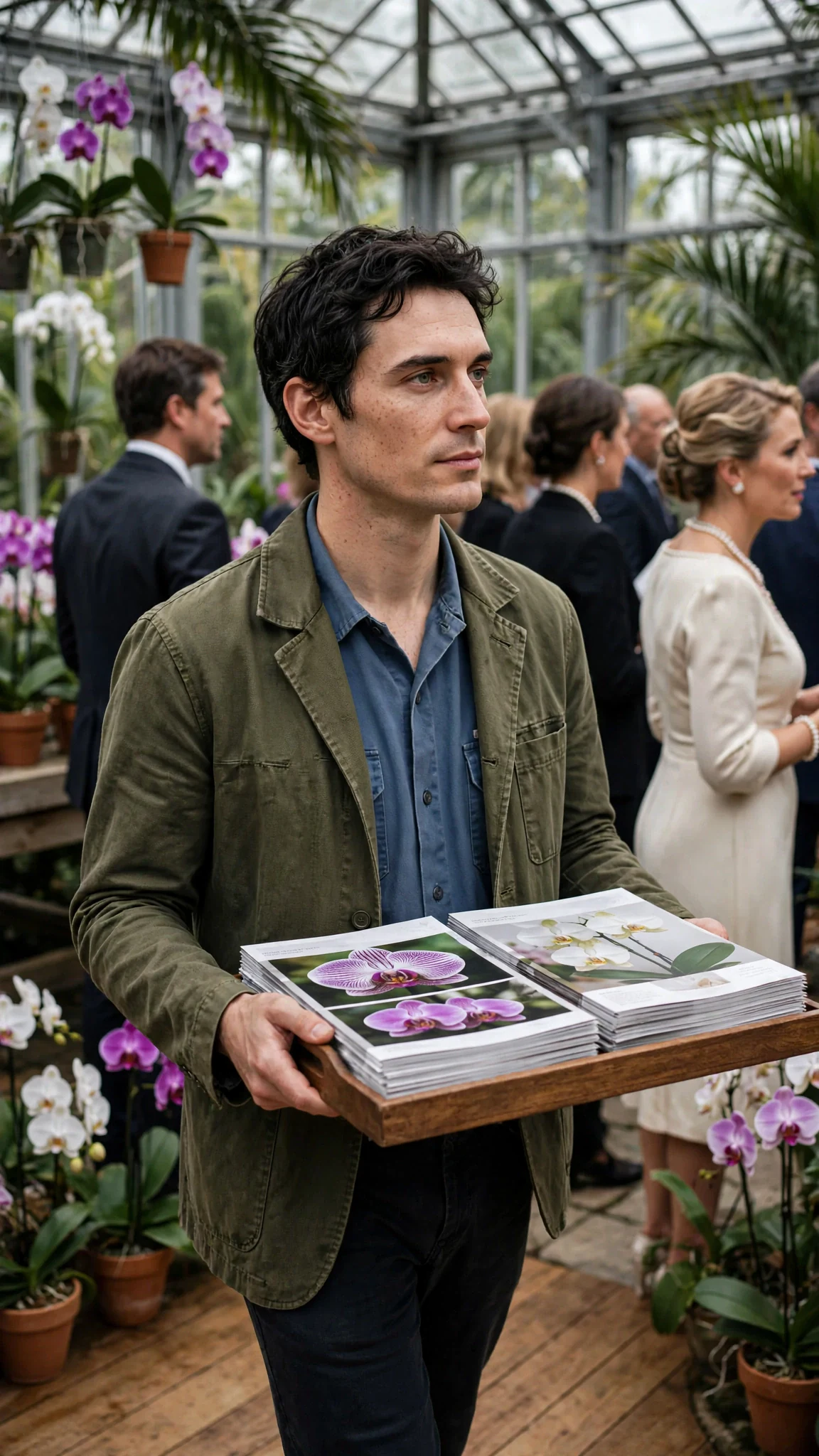 Benedict carries a tray through a bright glasshouse while wealthy guests look away.