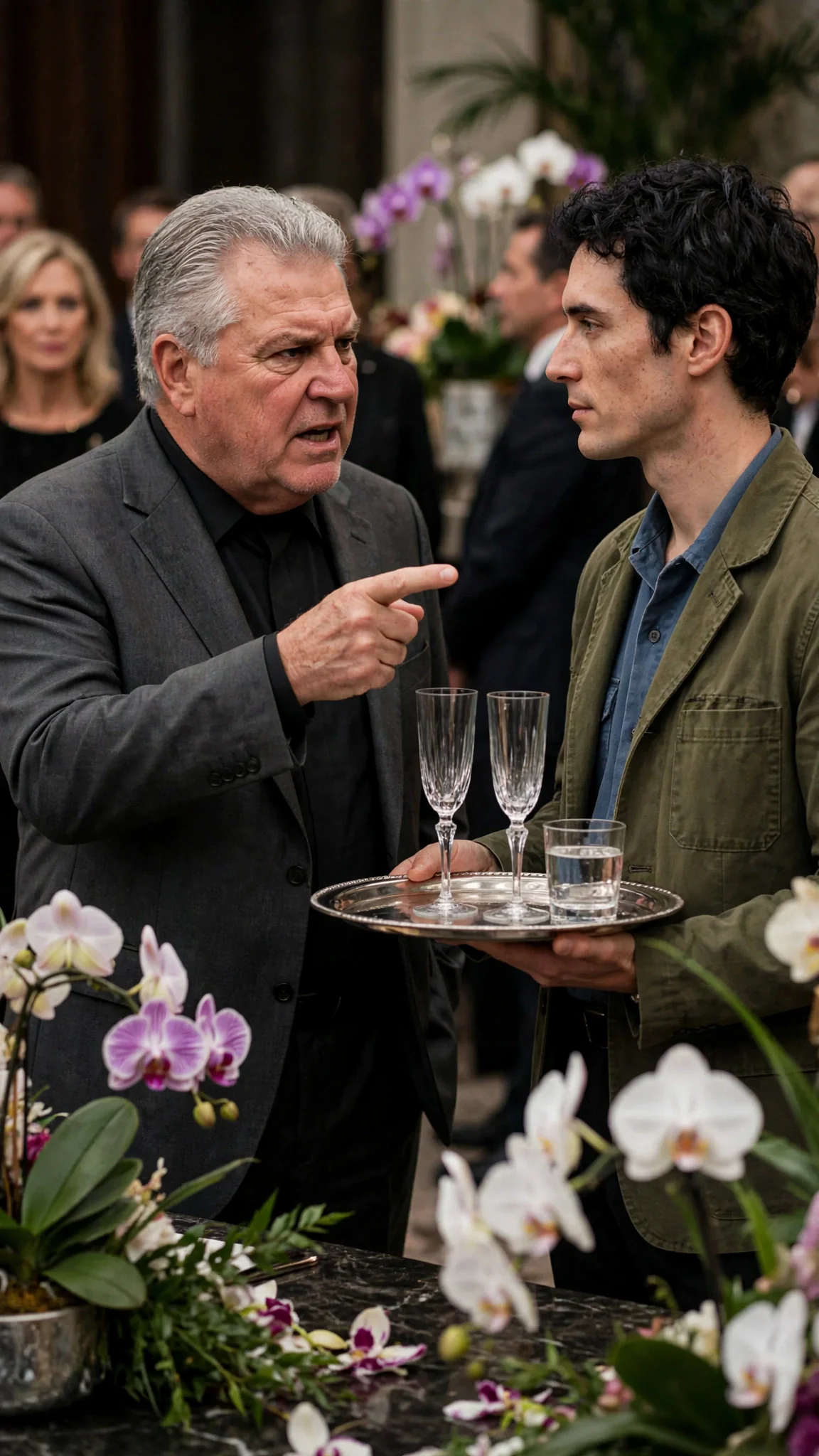 Alfred Dunley calls Benedict over in front of a circle of wealthy donors.