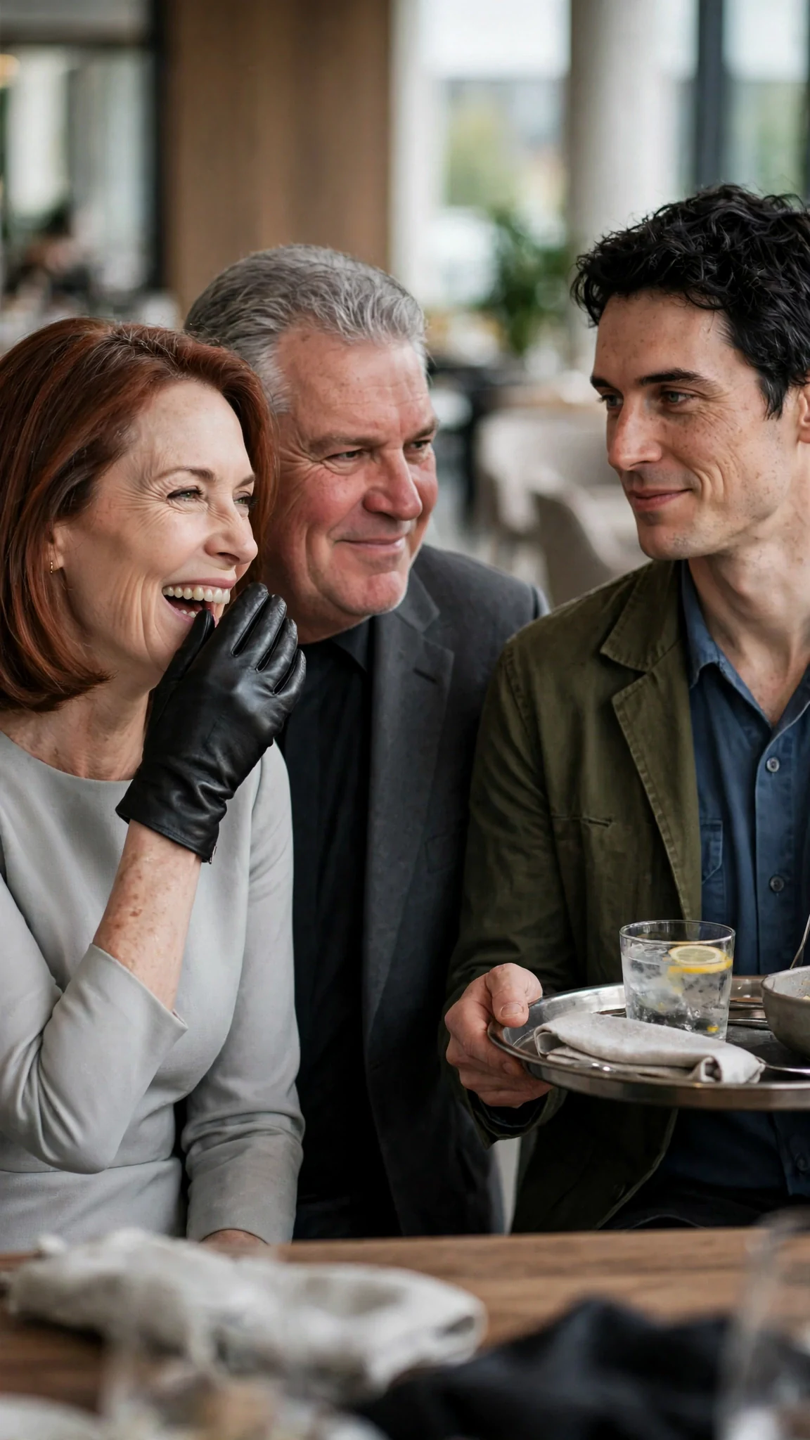 Lavinia laughs at Benedict while Alfred presents him to the donors.