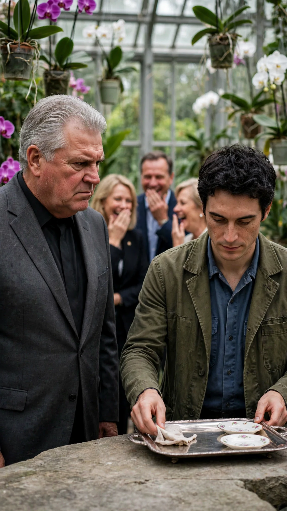 Donors laugh behind their hands while Benedict sets down the tray.