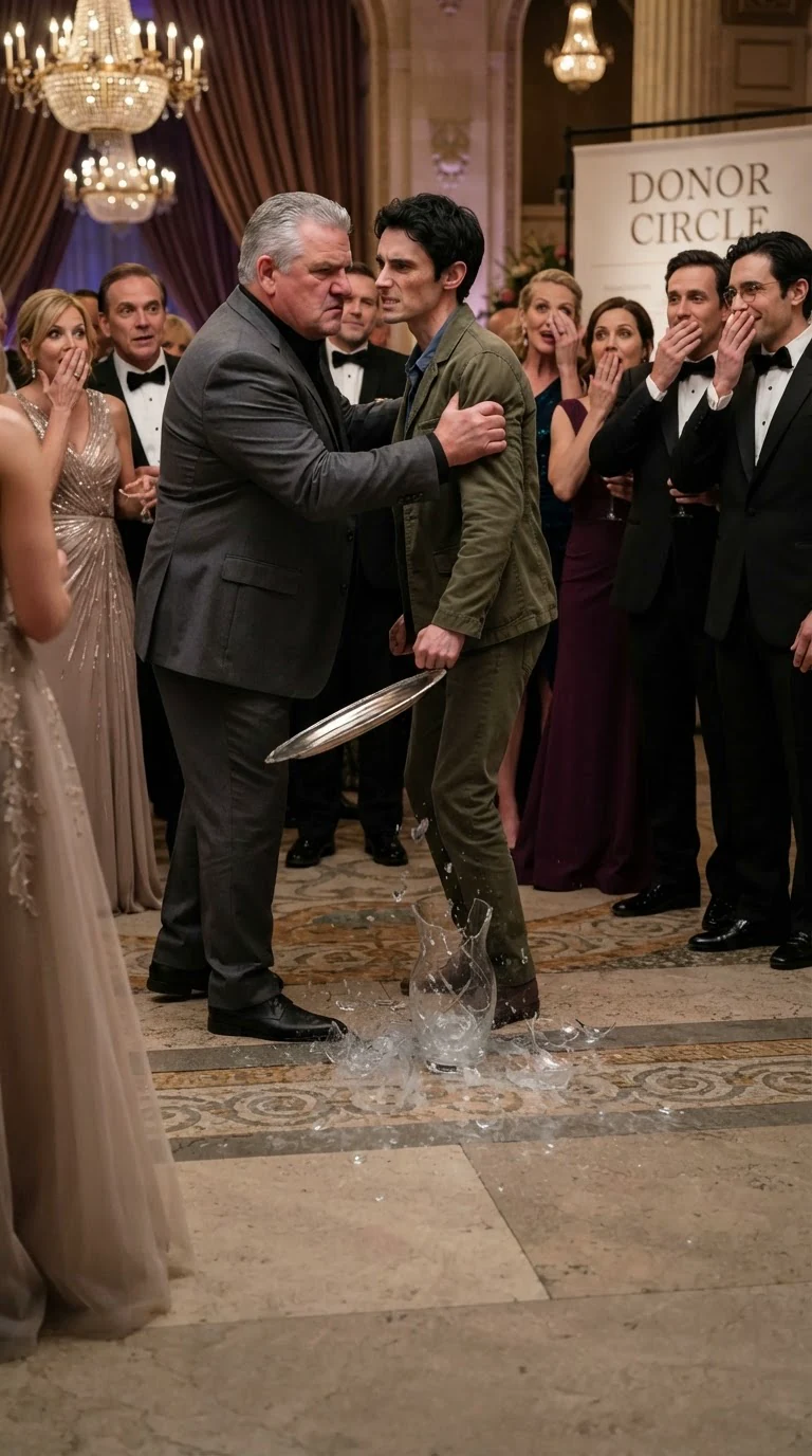 Alfred grabs Benedict by the arm as a vase breaks on the glasshouse floor.