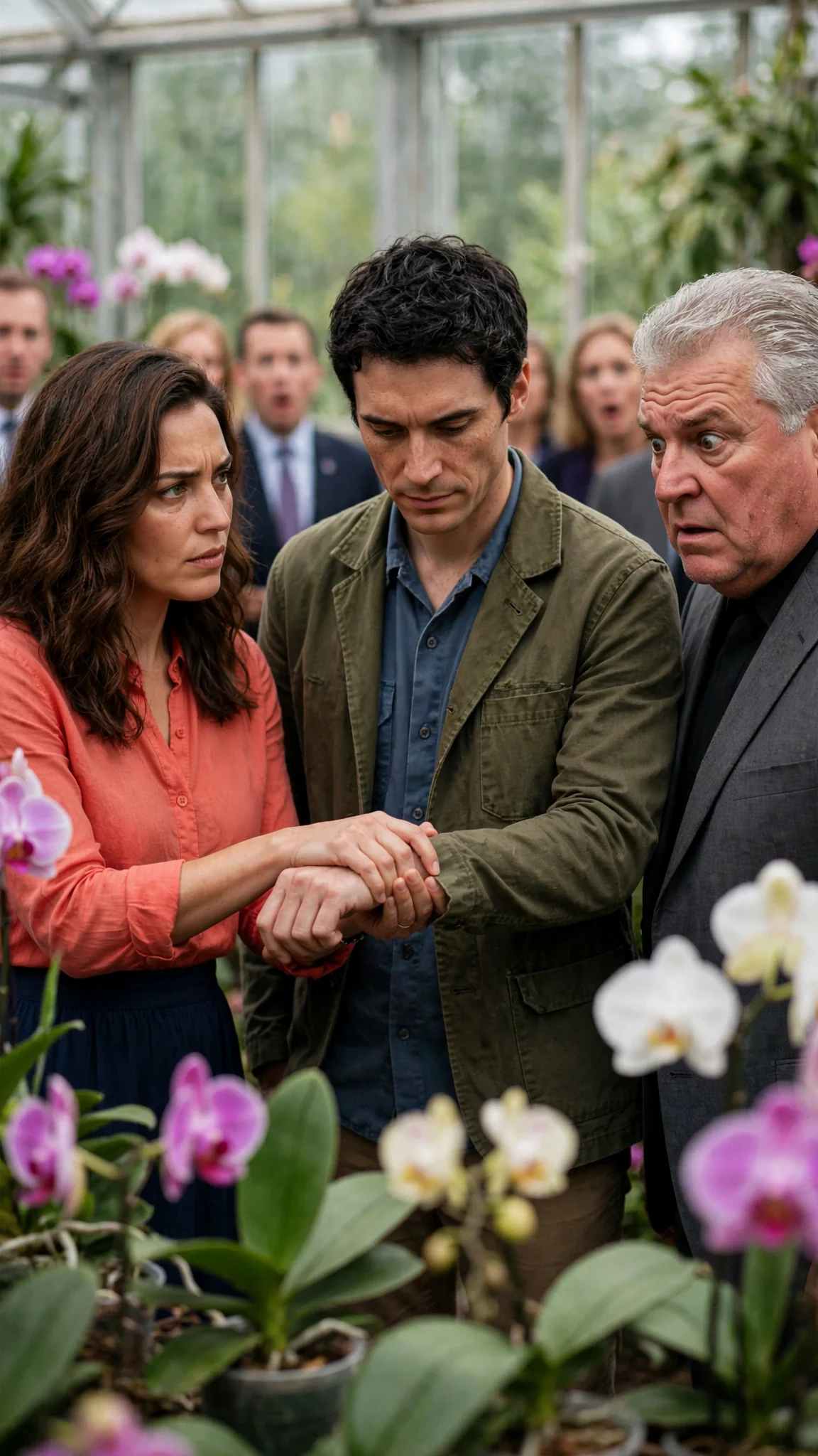 Marielle holds Benedict's wrist and faces her father with fierce loyalty.