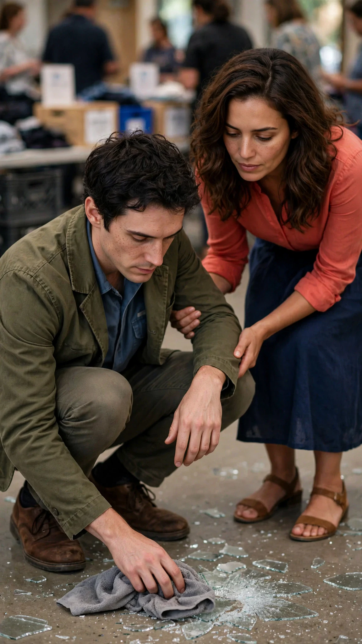Benedict holds a cloth over the broken vase while Marielle stands close.