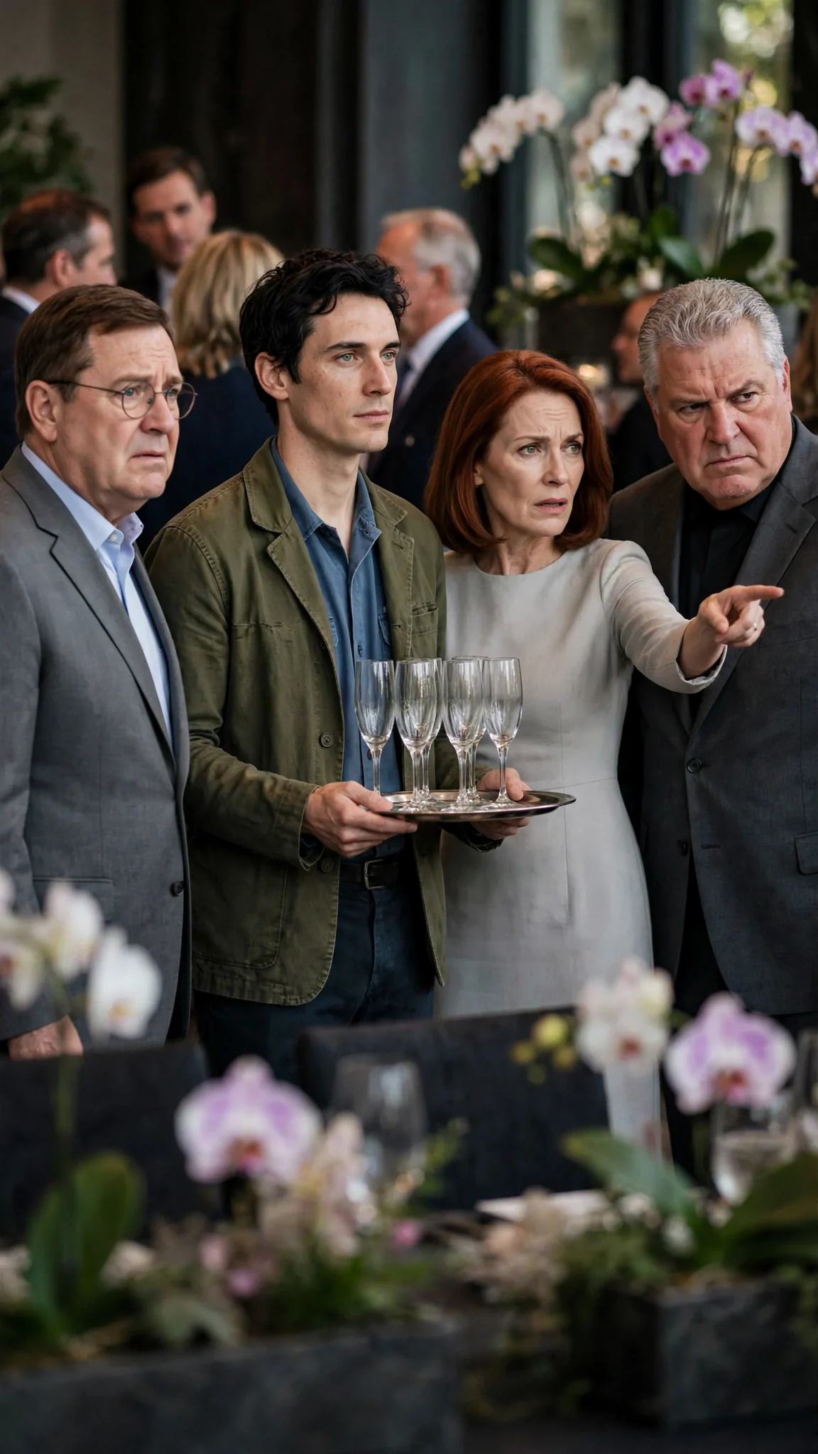 Otis stares at Benedict while Lavinia and Alfred look confused.