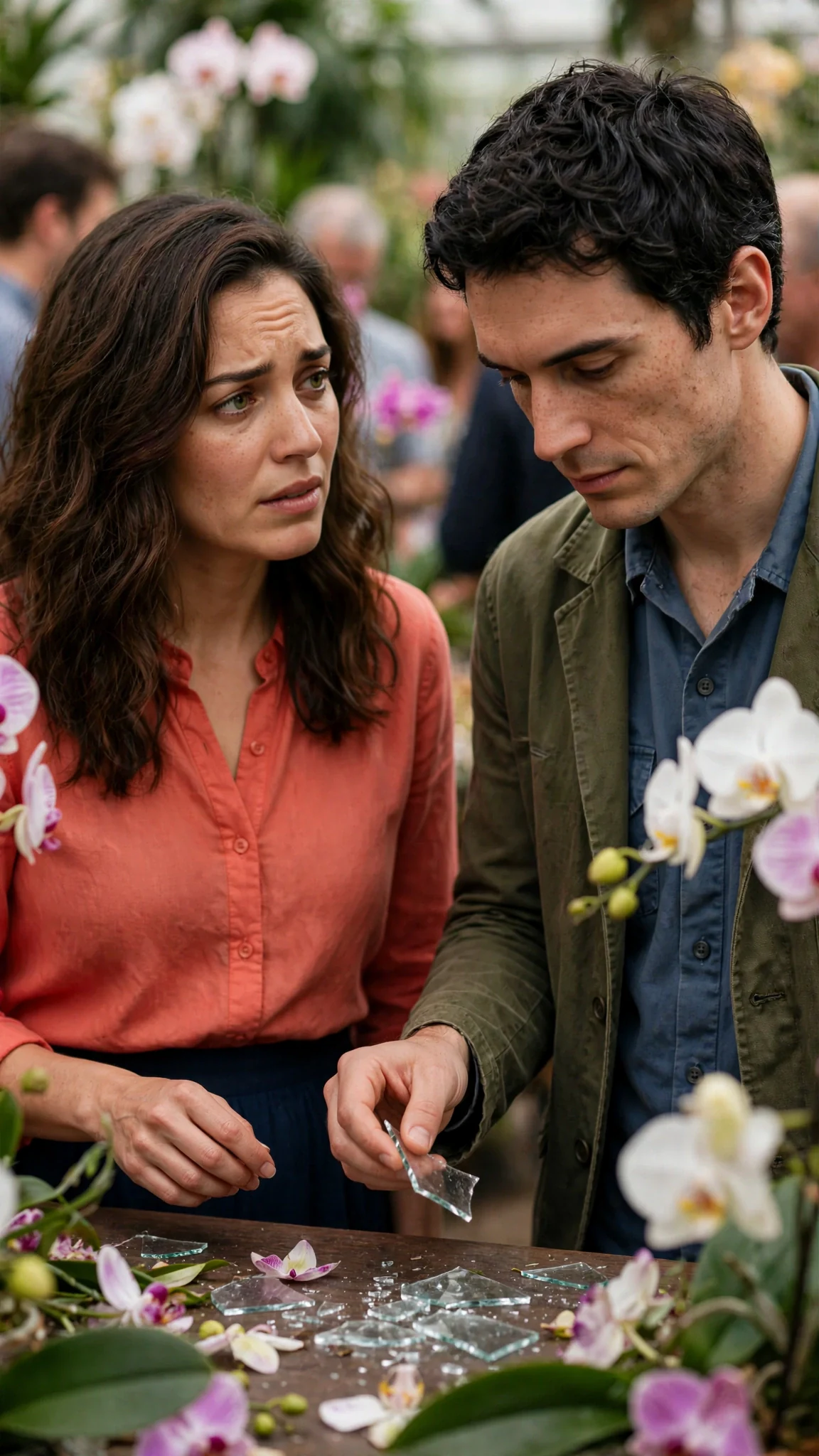 Marielle questions Benedict while he picks up broken glass.