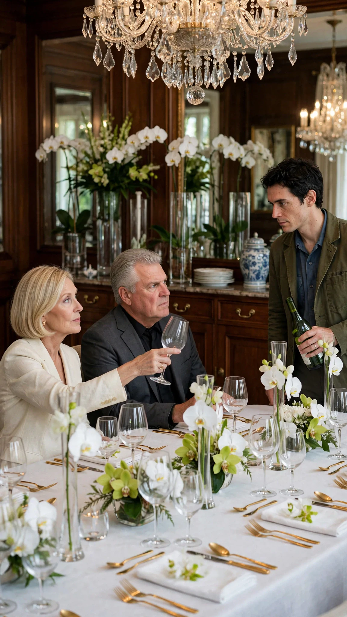 Veronica holds up an empty wine glass and points it at Benedict across the long lunch table.