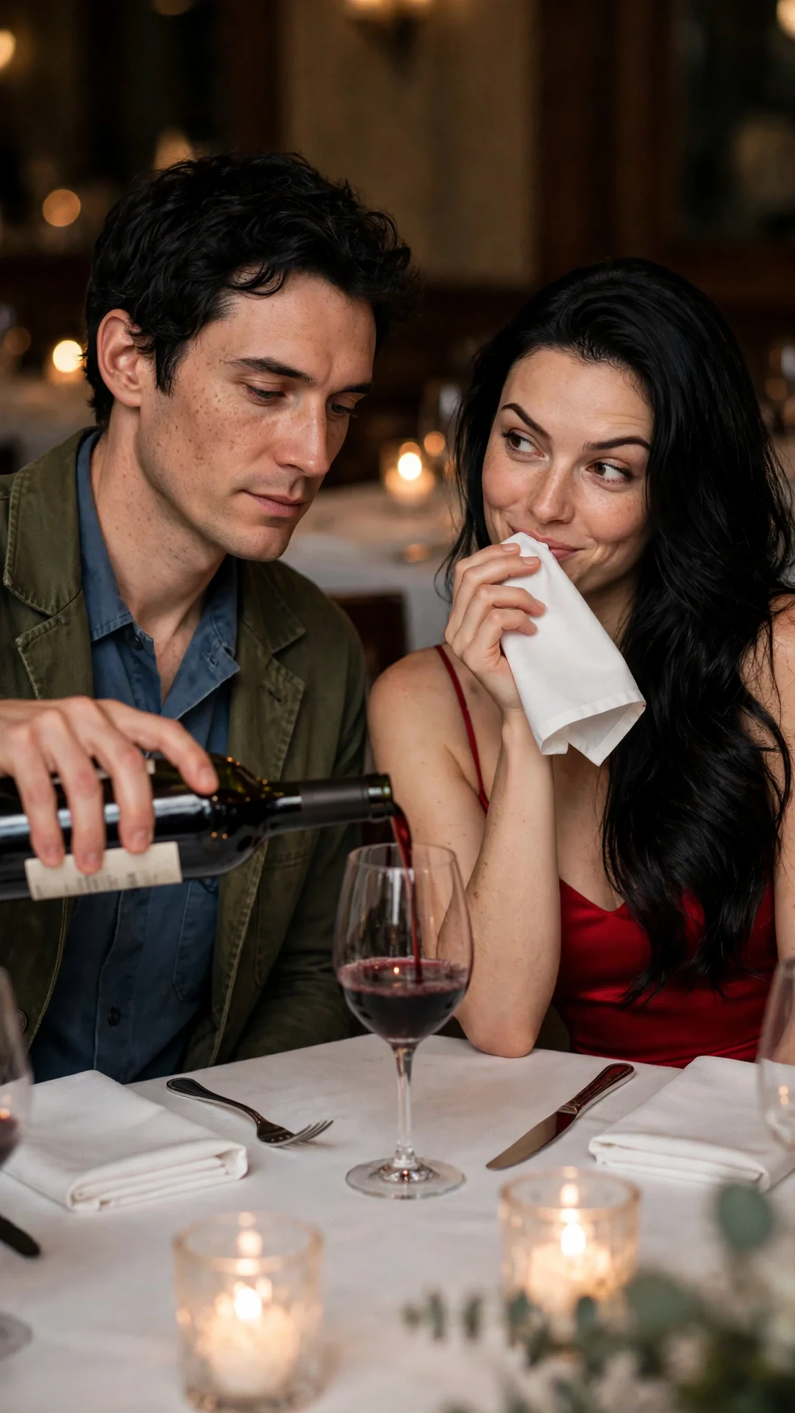 Benedict pours wine while Priscilla smirks at him over her napkin.