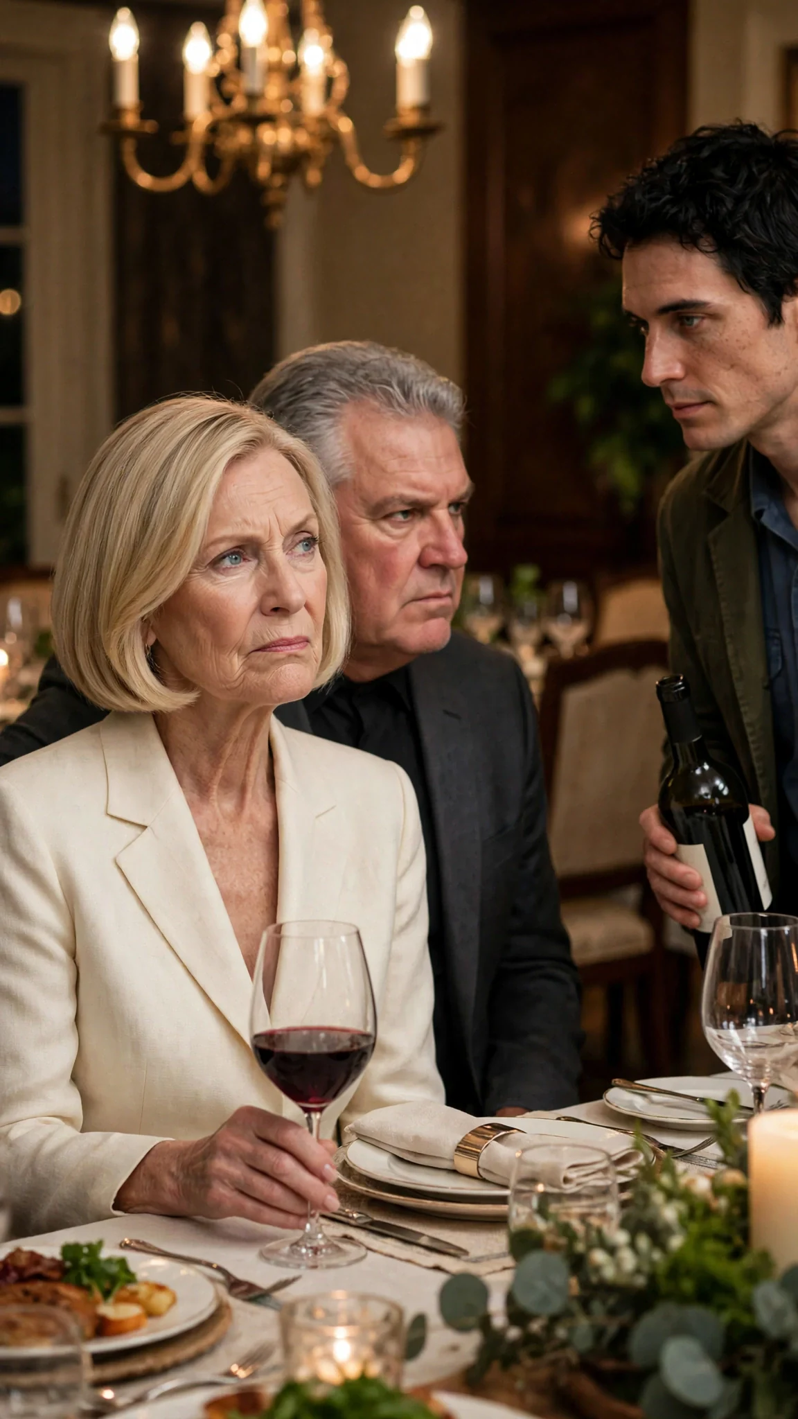 Veronica sets her glass down and speaks at Benedict with a cold face.