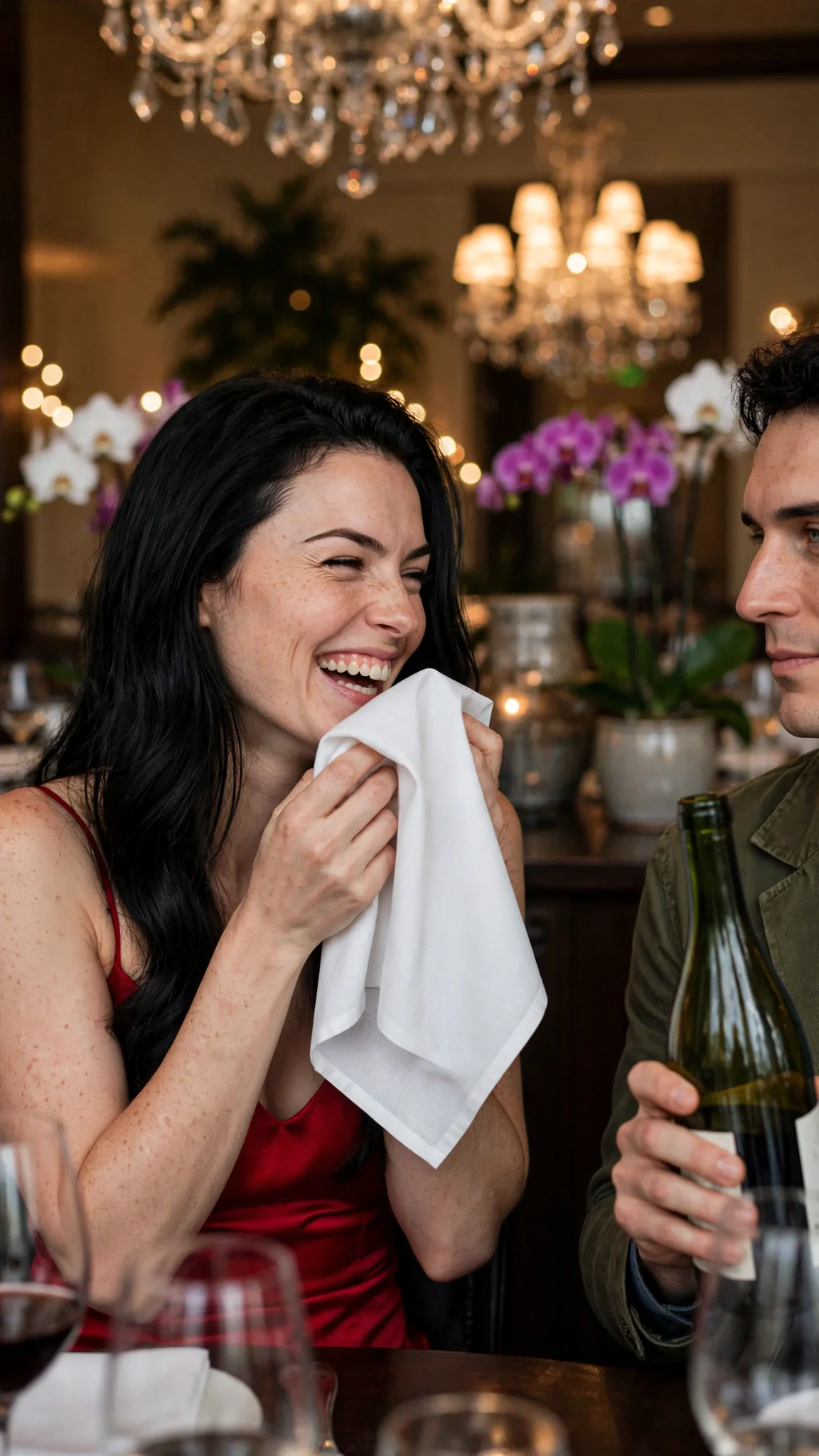 Priscilla laughs into her napkin while Benedict stands holding the wine bottle.