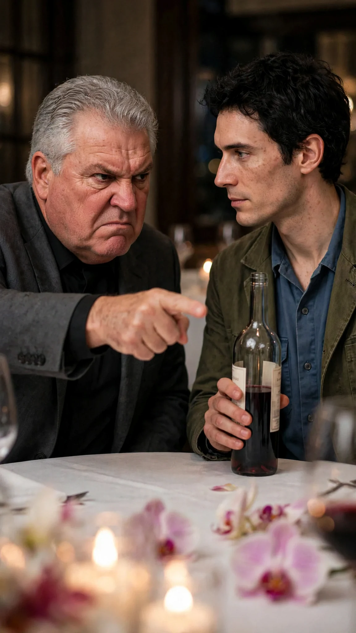 Alfred leans forward and points a finger at Benedict, threatening him over the lunch table.