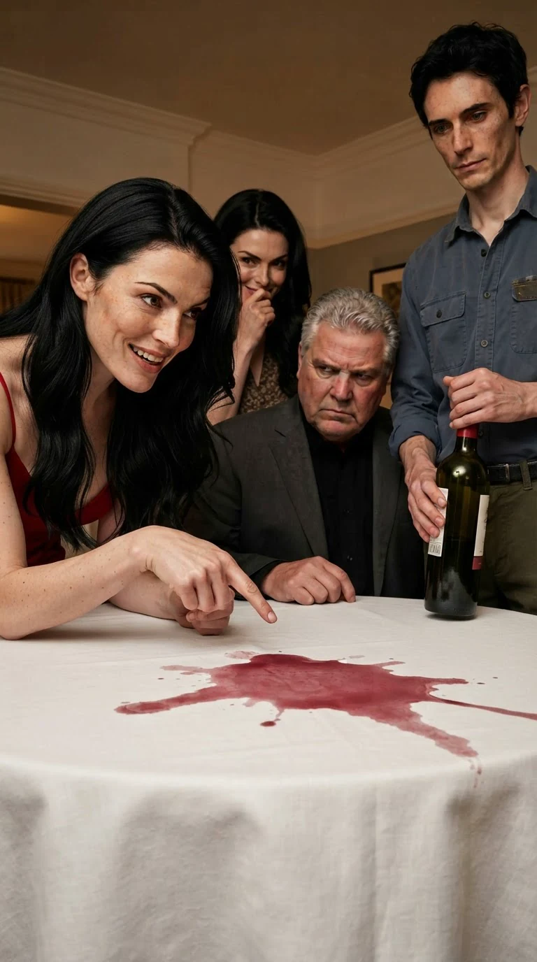 Priscilla points at the red wine stain on the white cloth while the family watches.