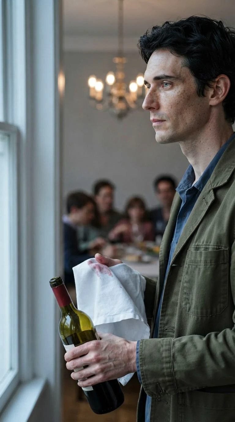 Benedict stands by the wall holding the bottle, wiping wine off his fingers with a calm face.