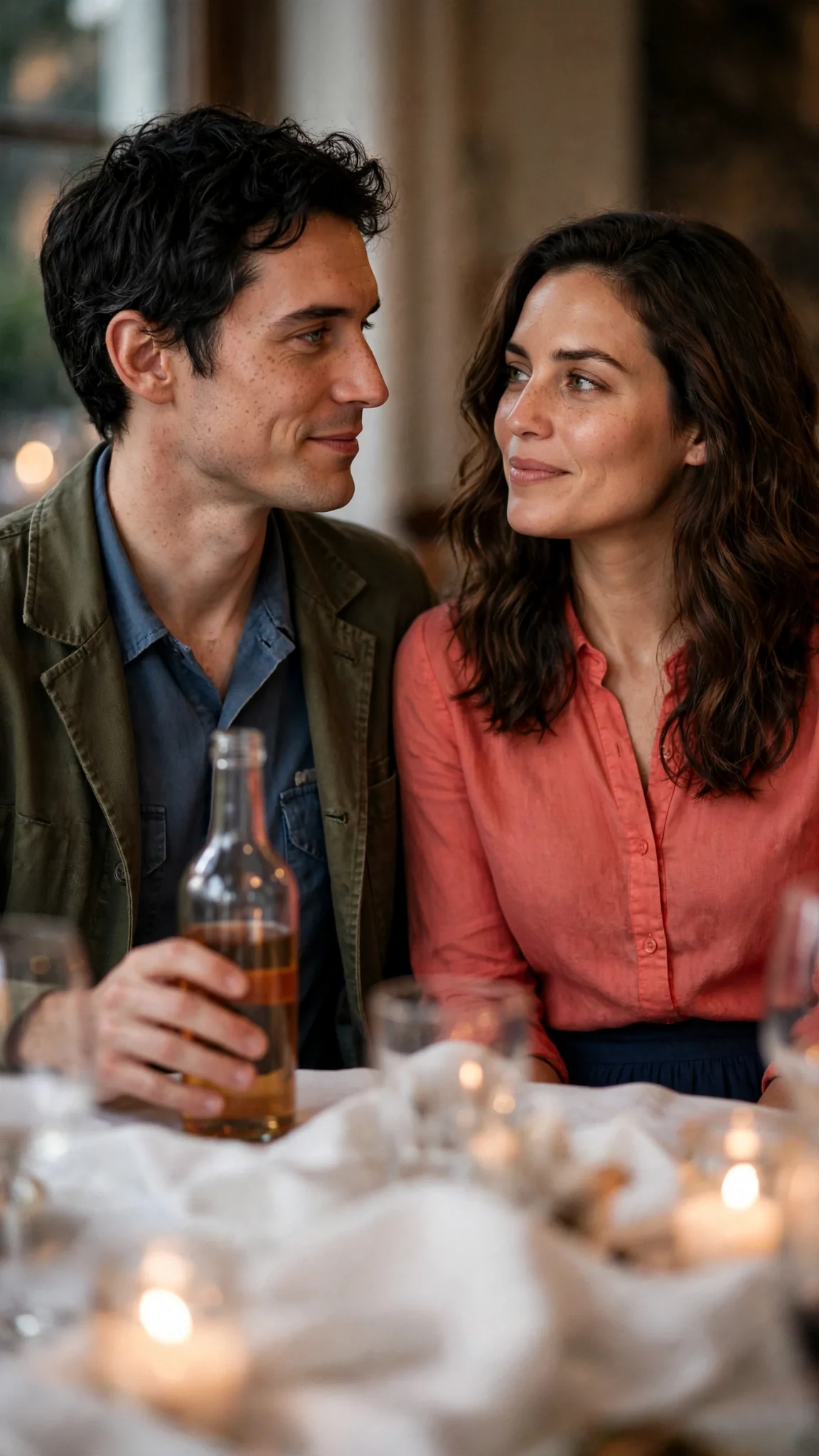 Benedict glances across the room at Marielle, who is watching him.
