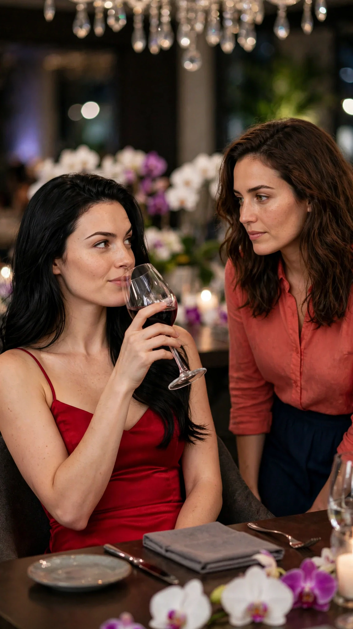 Priscilla smirks at Marielle with her wine glass raised.