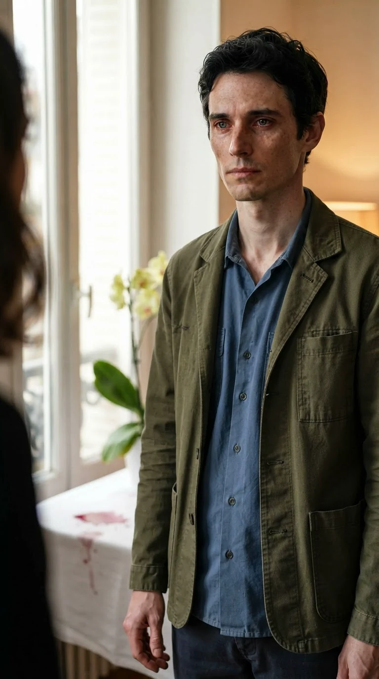 Benedict by the wall watches Marielle defend him, his jaw tight.