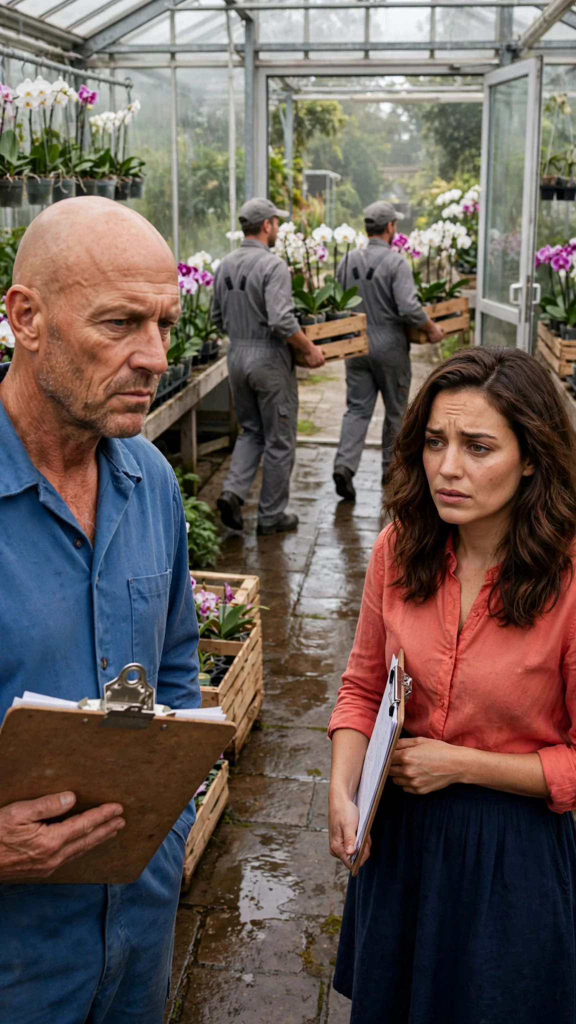 A bald supplier with a clipboard watches workers carry orchid crates out of a glasshouse while a young woman in a coral blouse stares at them.