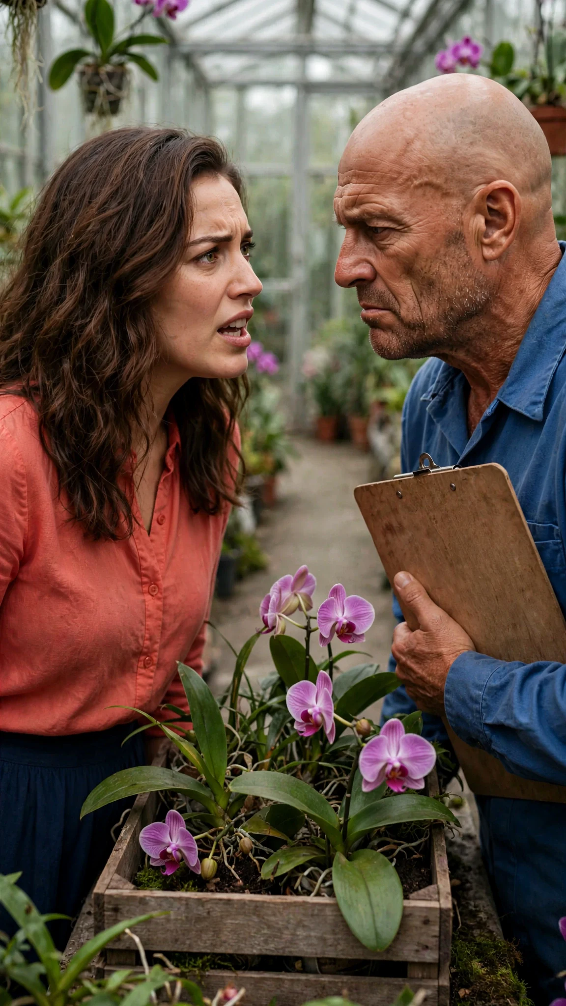 The young woman in the coral blouse argues with the bald supplier beside a half-loaded crate.