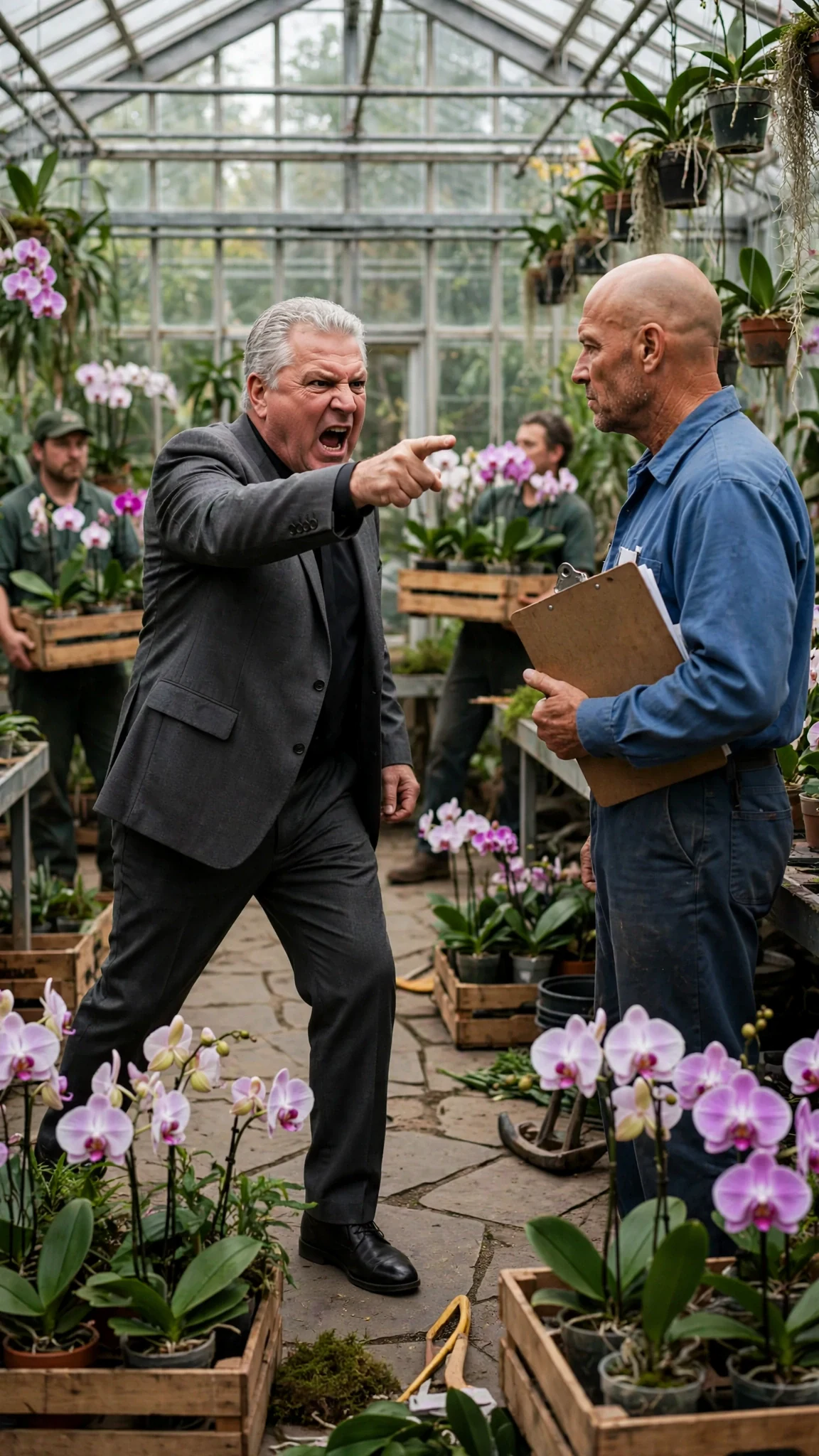 A silver-haired chairman in a charcoal suit storms into the glasshouse and points at the supplier.