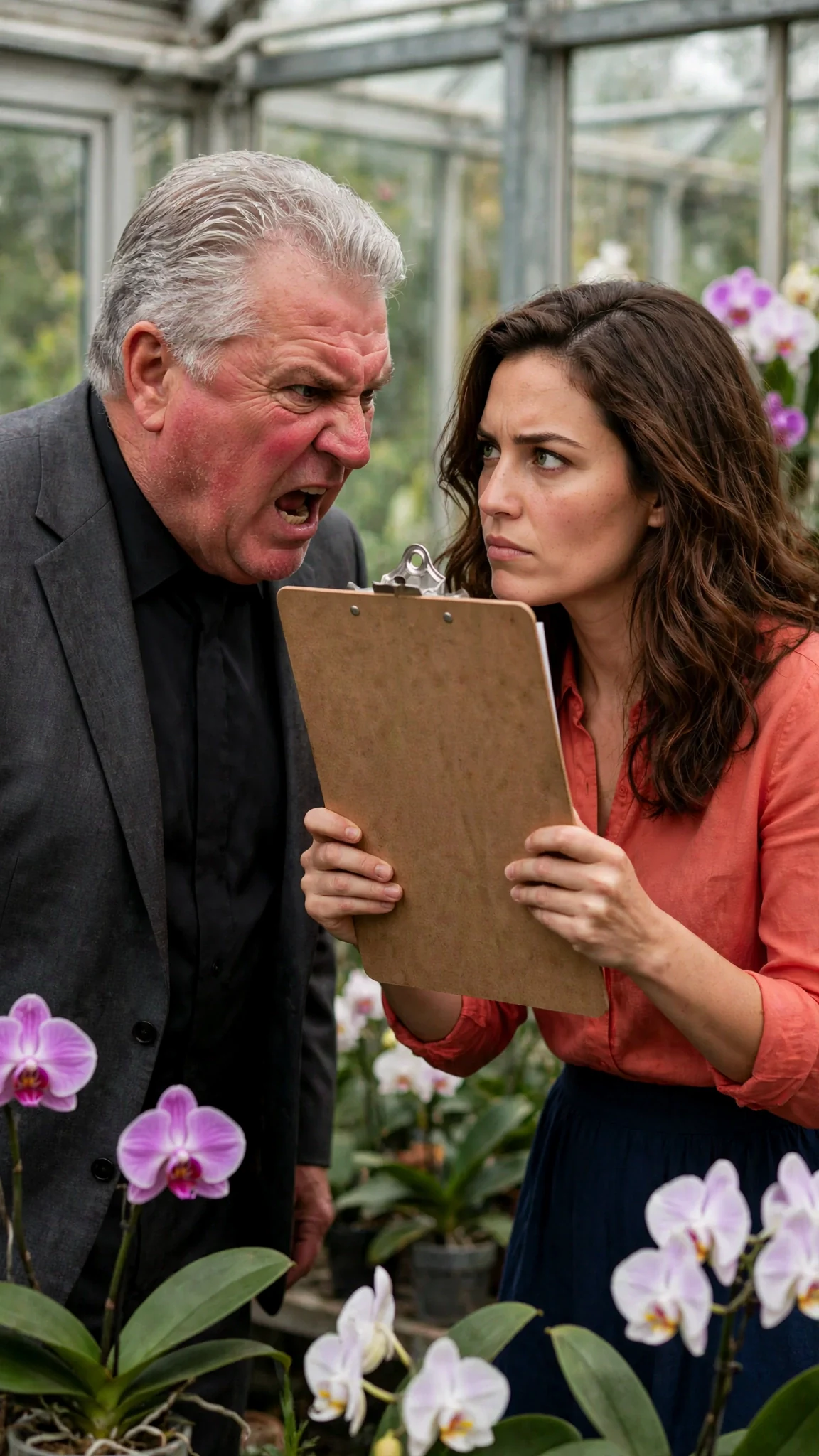 The chairman turns his anger on his daughter, who stands her ground with her clipboard.