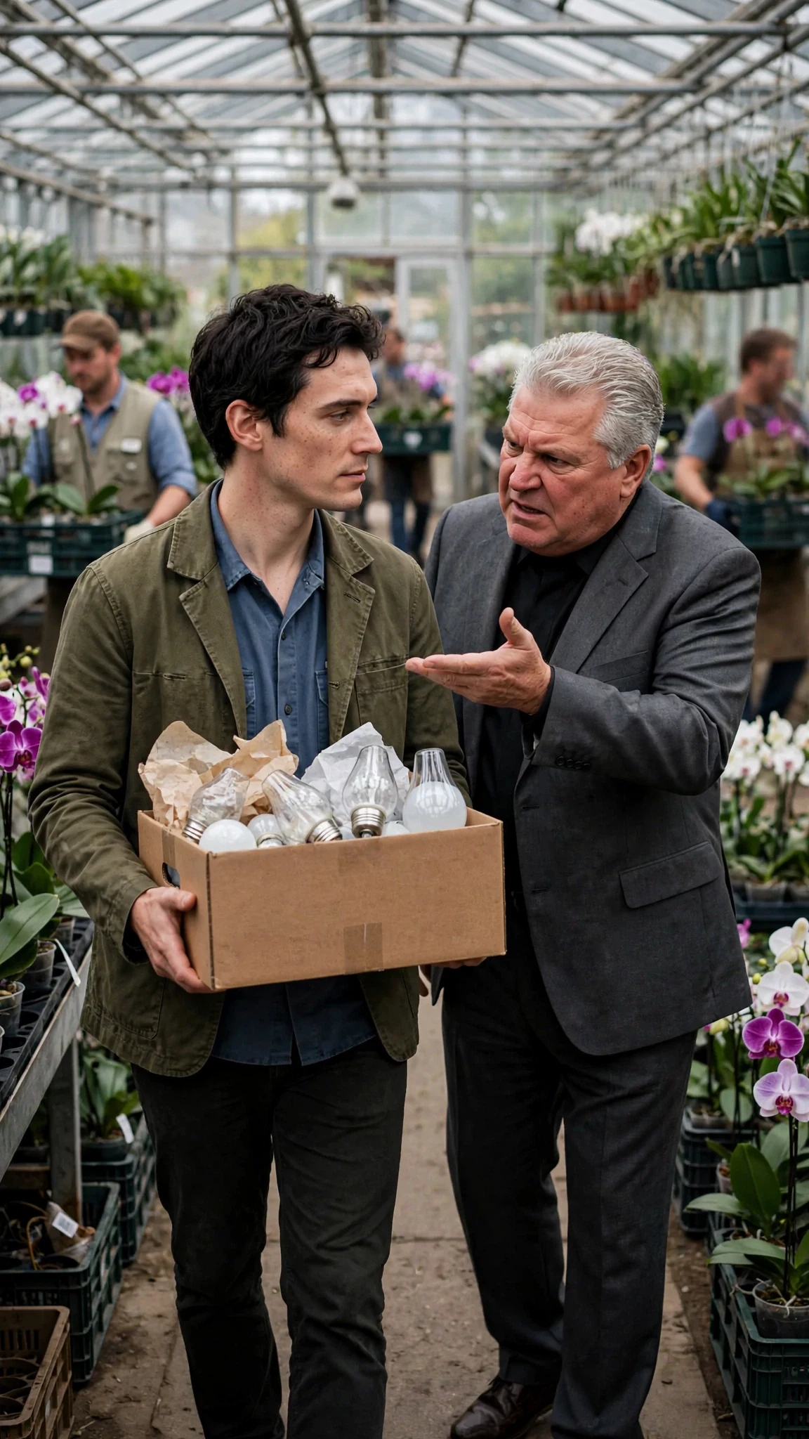 A tall handyman in a work shirt walks in carrying a box of lamps while the chairman sneers at him.