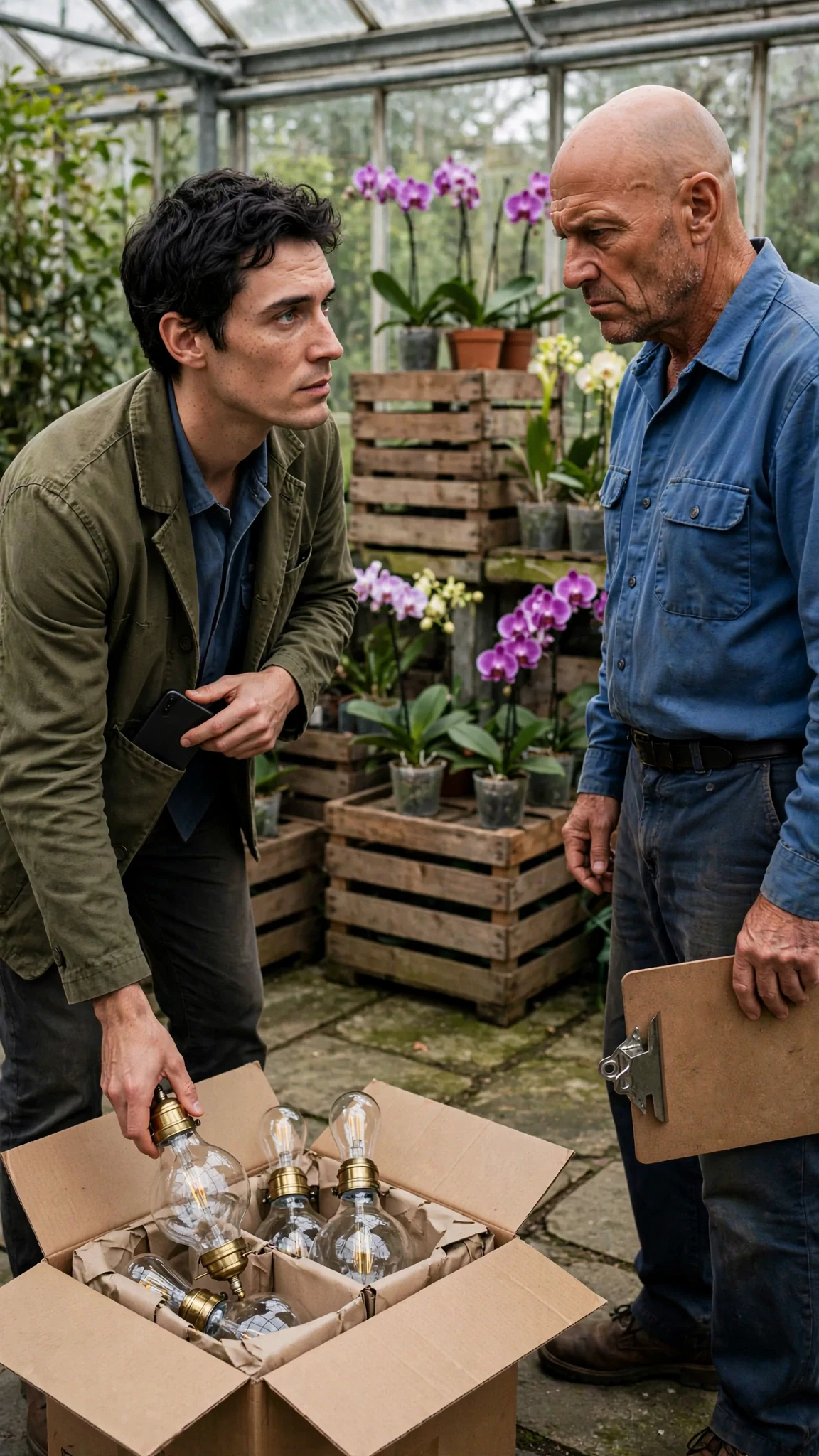 The handyman sets down the box of lamps and pulls out his phone while the supplier scowls.