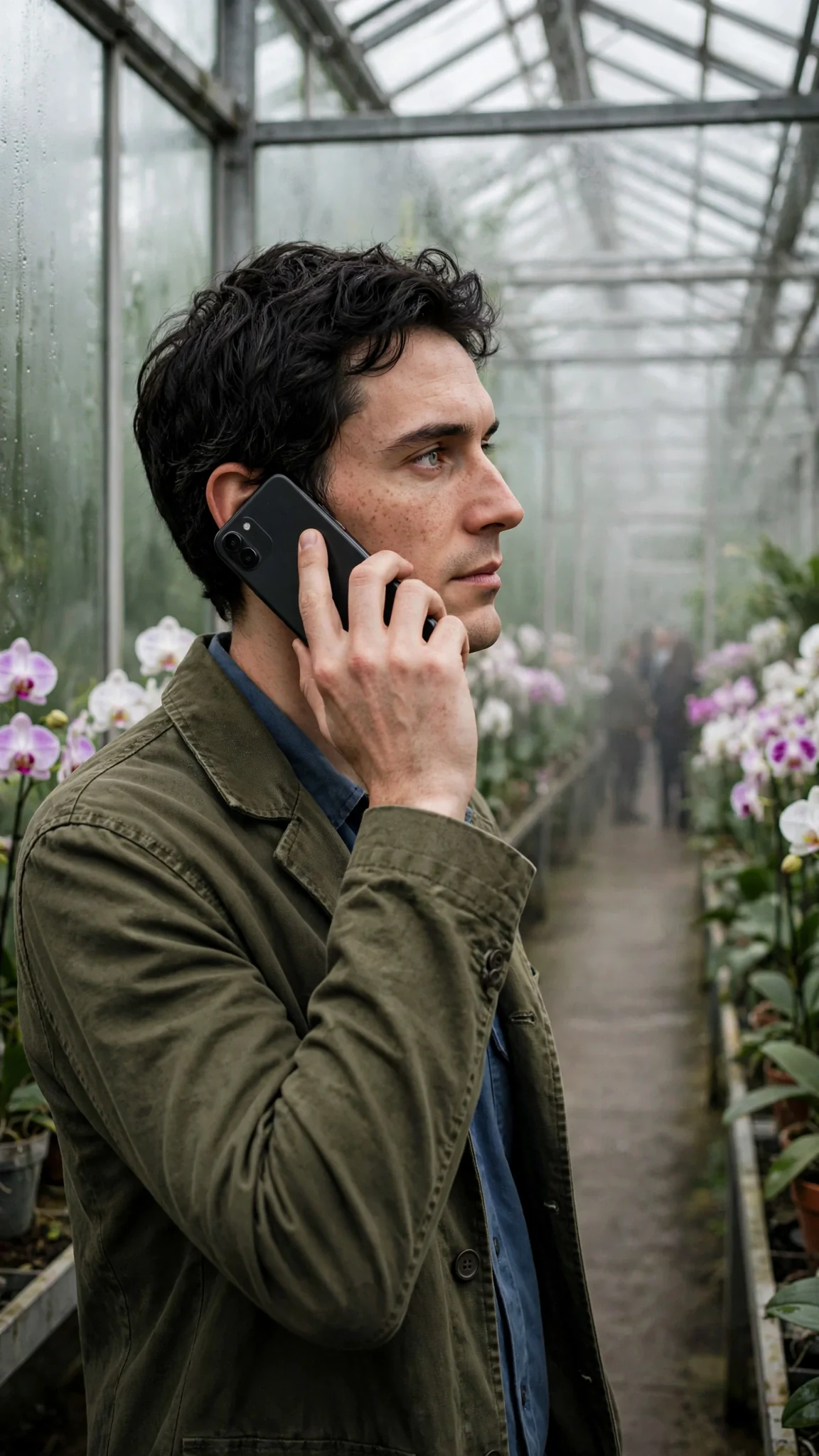 The handyman stands alone by the glass wall, phone at his ear, orchids behind him.