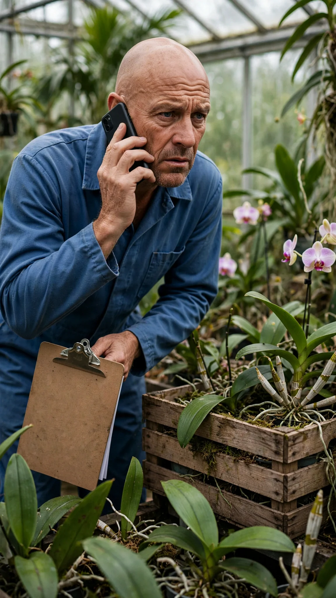 The bald supplier holds his ringing phone to his ear, his face going pale gray.