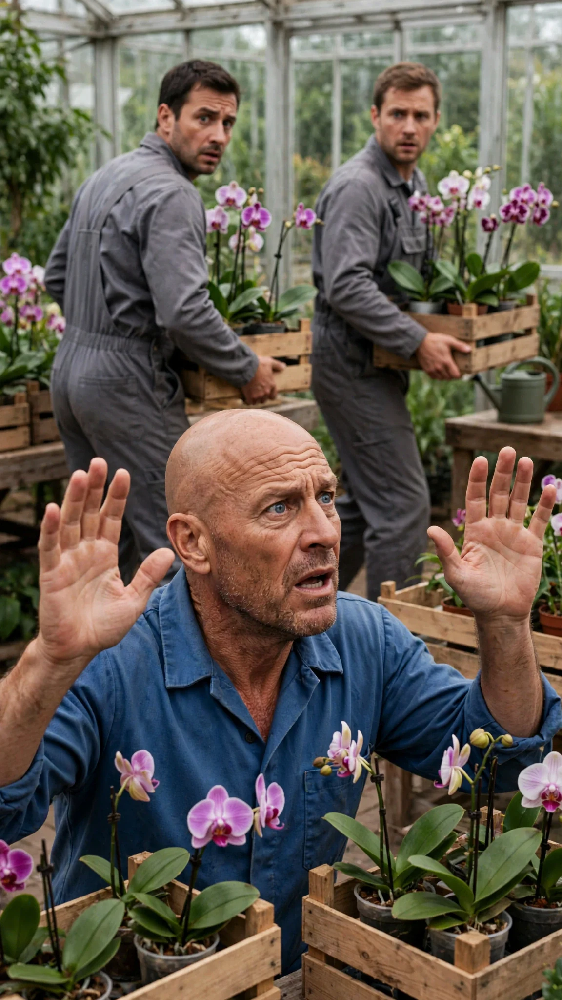 The supplier waves both hands at his workers, ordering the orchid crates back inside.