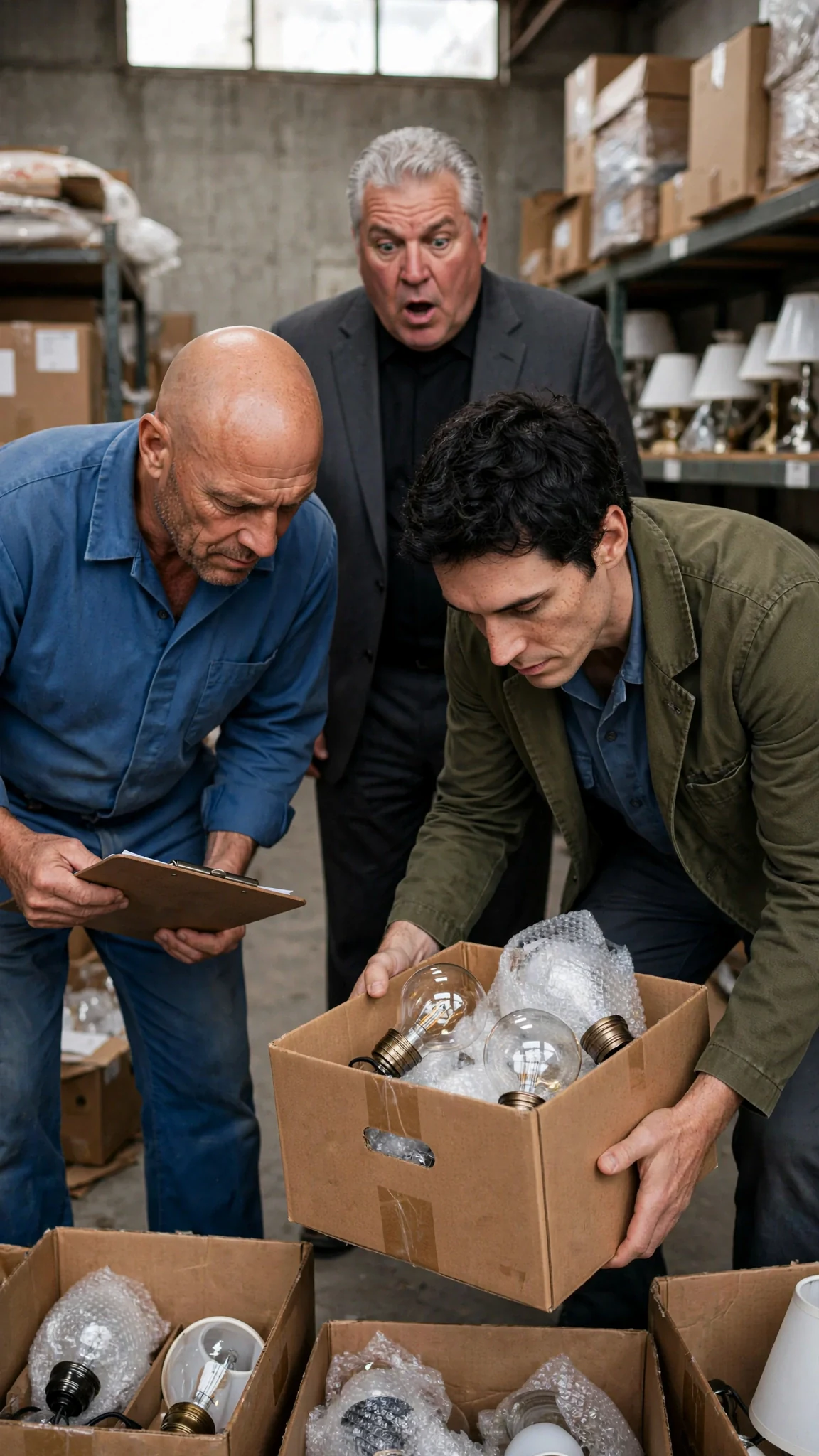 The supplier apologizes to the handyman in the olive jacket while the chairman stares.