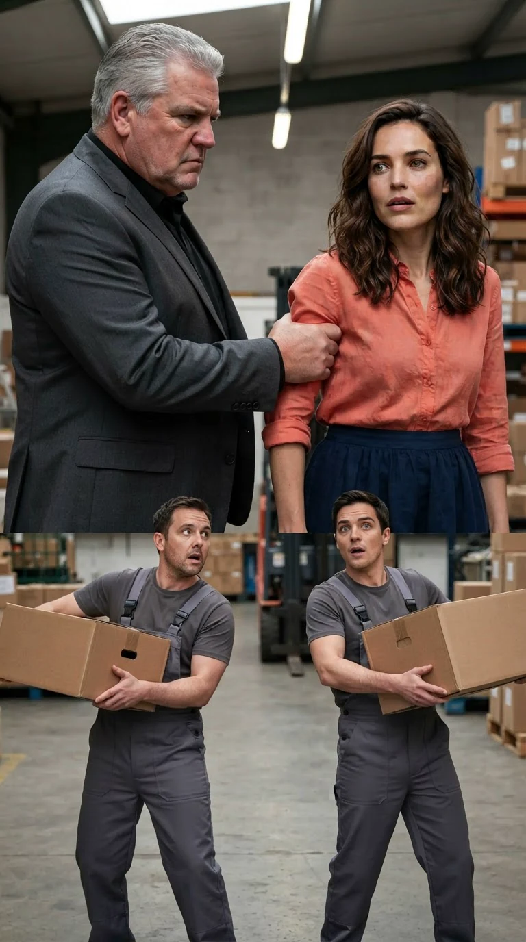 The chairman grips his daughter's arm hard while workers stop and stare.