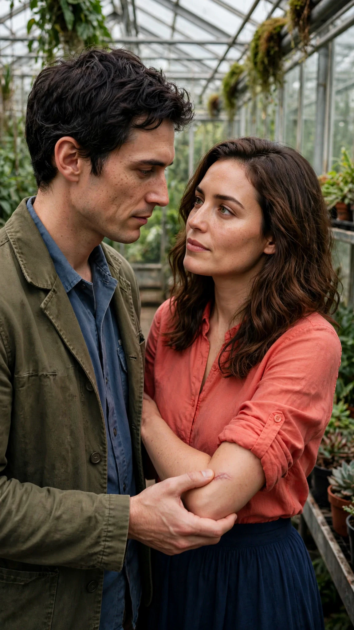 The handyman gently rubs the red mark on his wife's arm, standing very close.