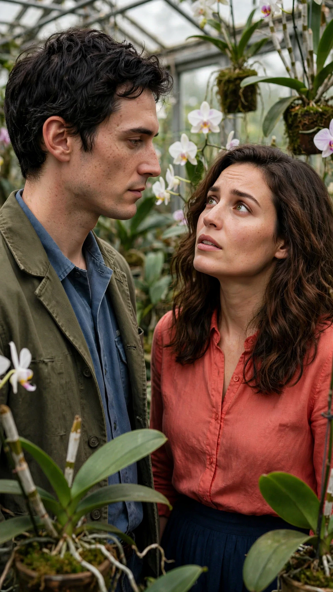 The handyman and his wife stand close in the glasshouse aisle, her face searching his.