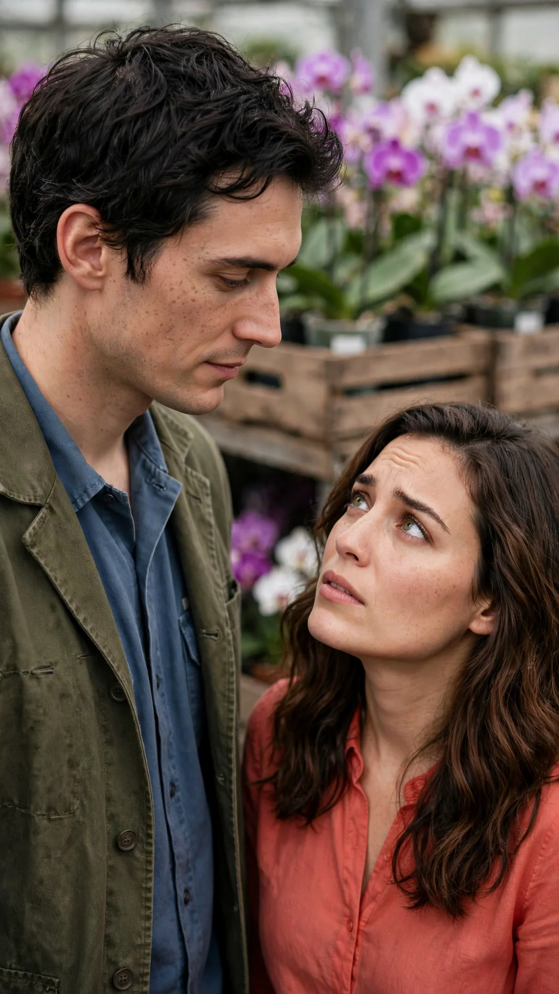 The handyman answers his wife quietly, and she looks up at him as if seeing a stranger.