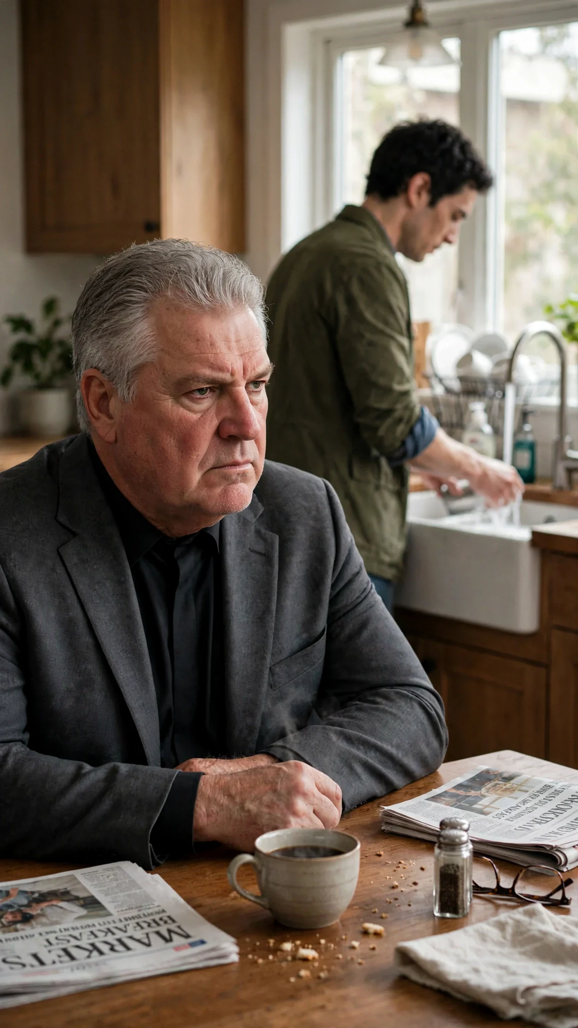 A silver-haired man in a dark suit sits at a long kitchen table, watching a tall man wash cups at the sink.