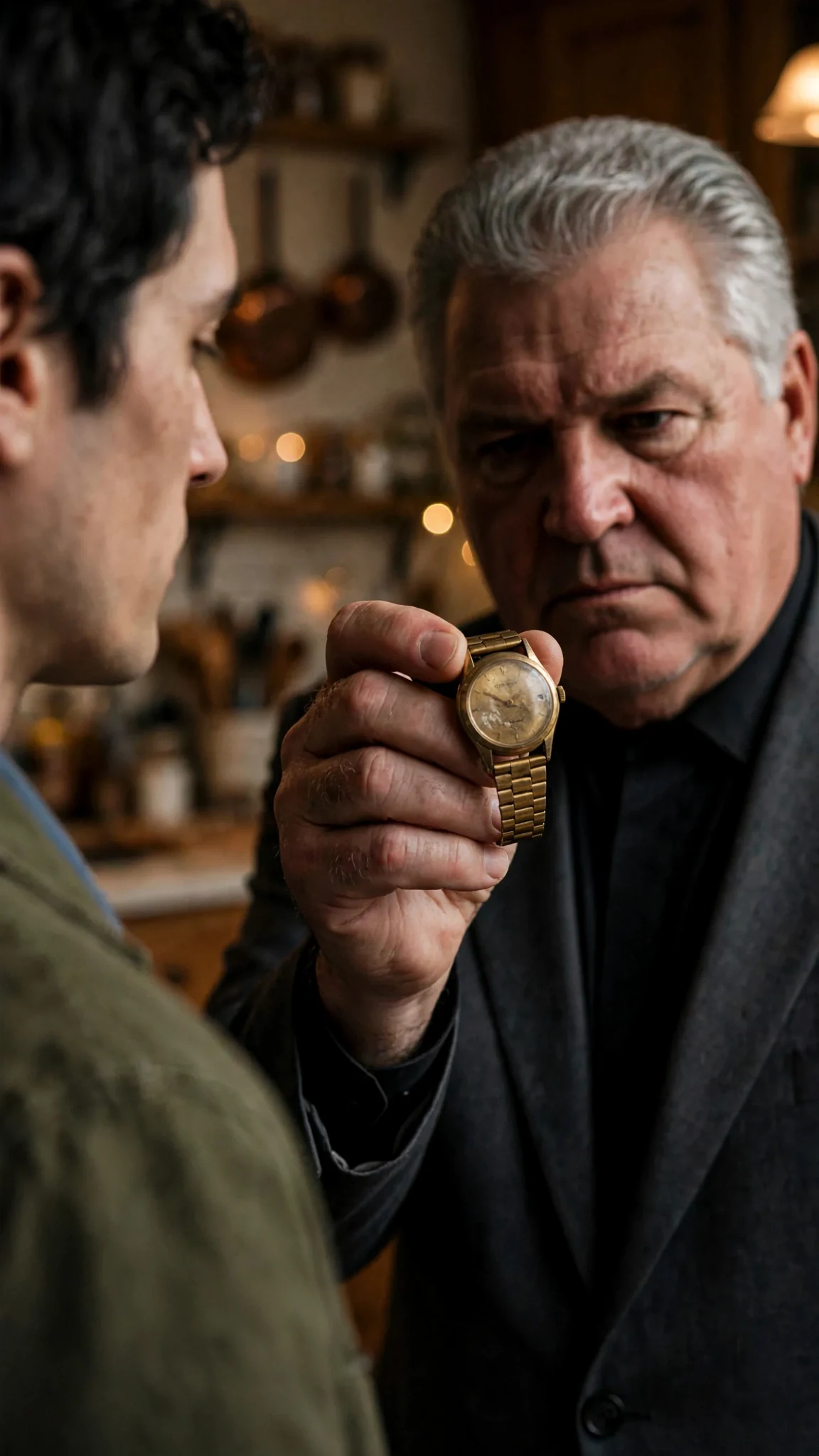 A gold watch with a scratched case held up between two fingers.