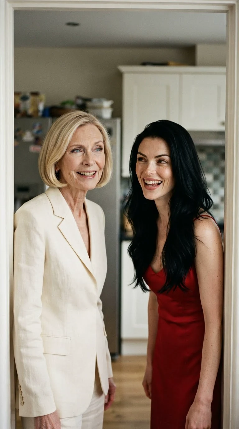 Two blond women in the kitchen doorway laugh behind their hands.