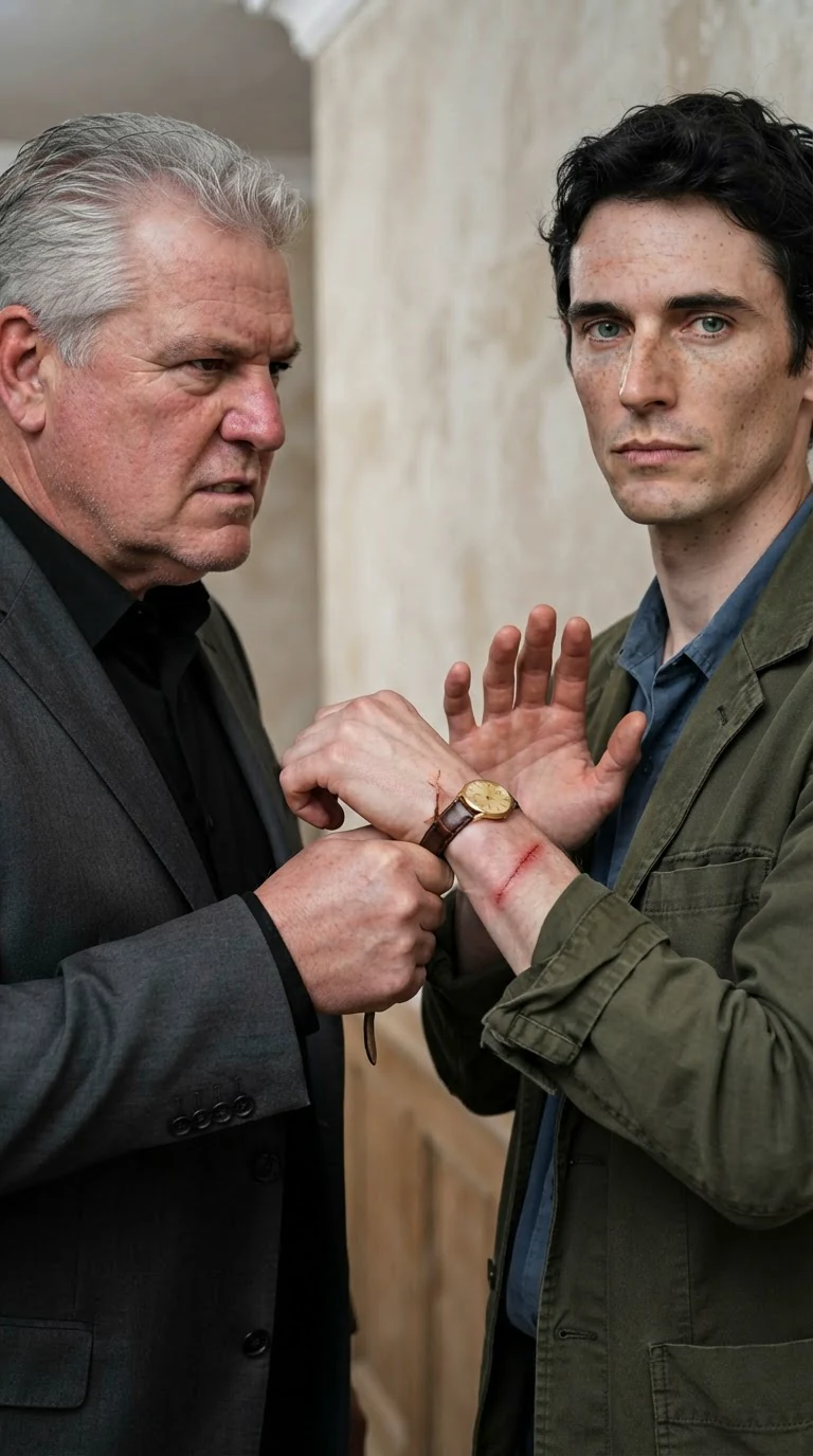 The older man rips the watch from the younger man's wrist, snapping the strap.