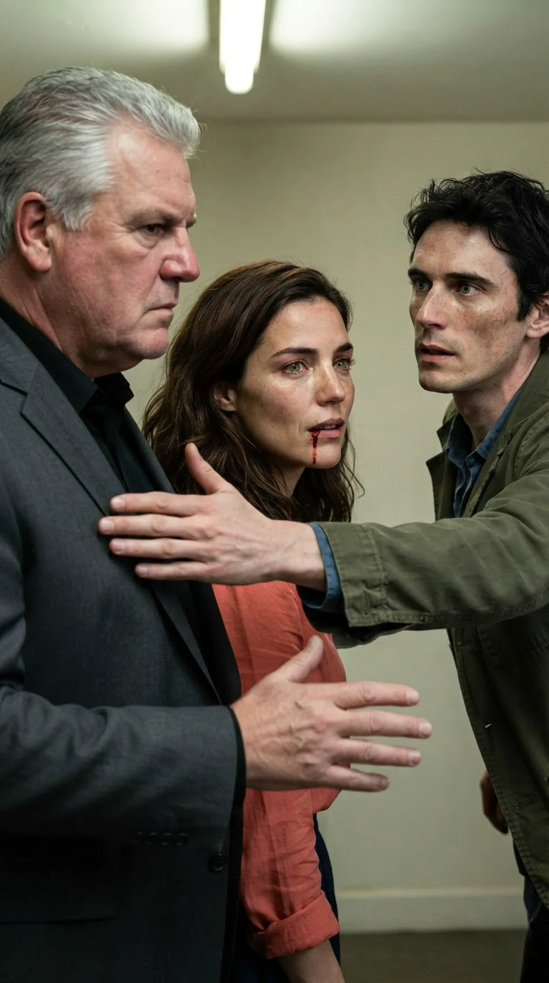 The older man slaps his daughter across the face, and a thin line of blood appears at her lip.