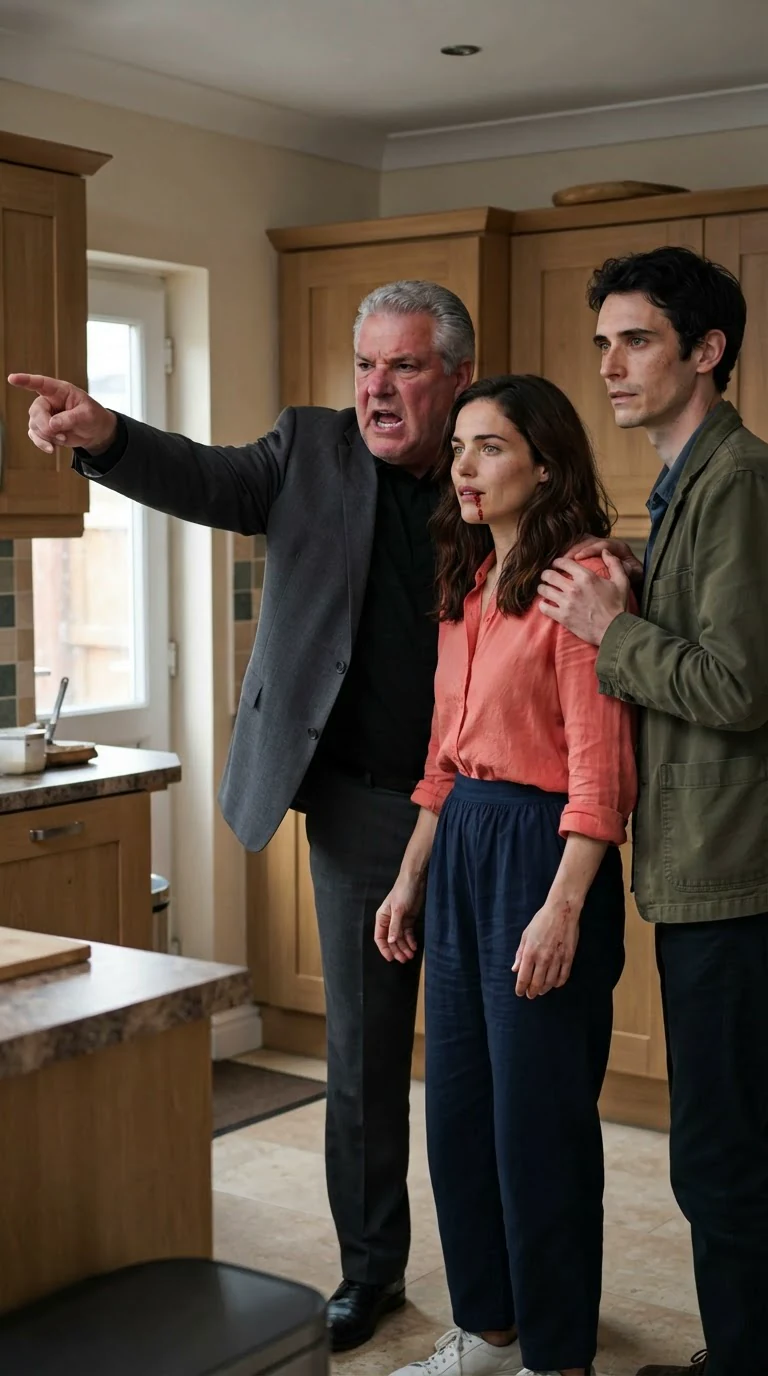 The older man points at the door and shouts at the young couple.