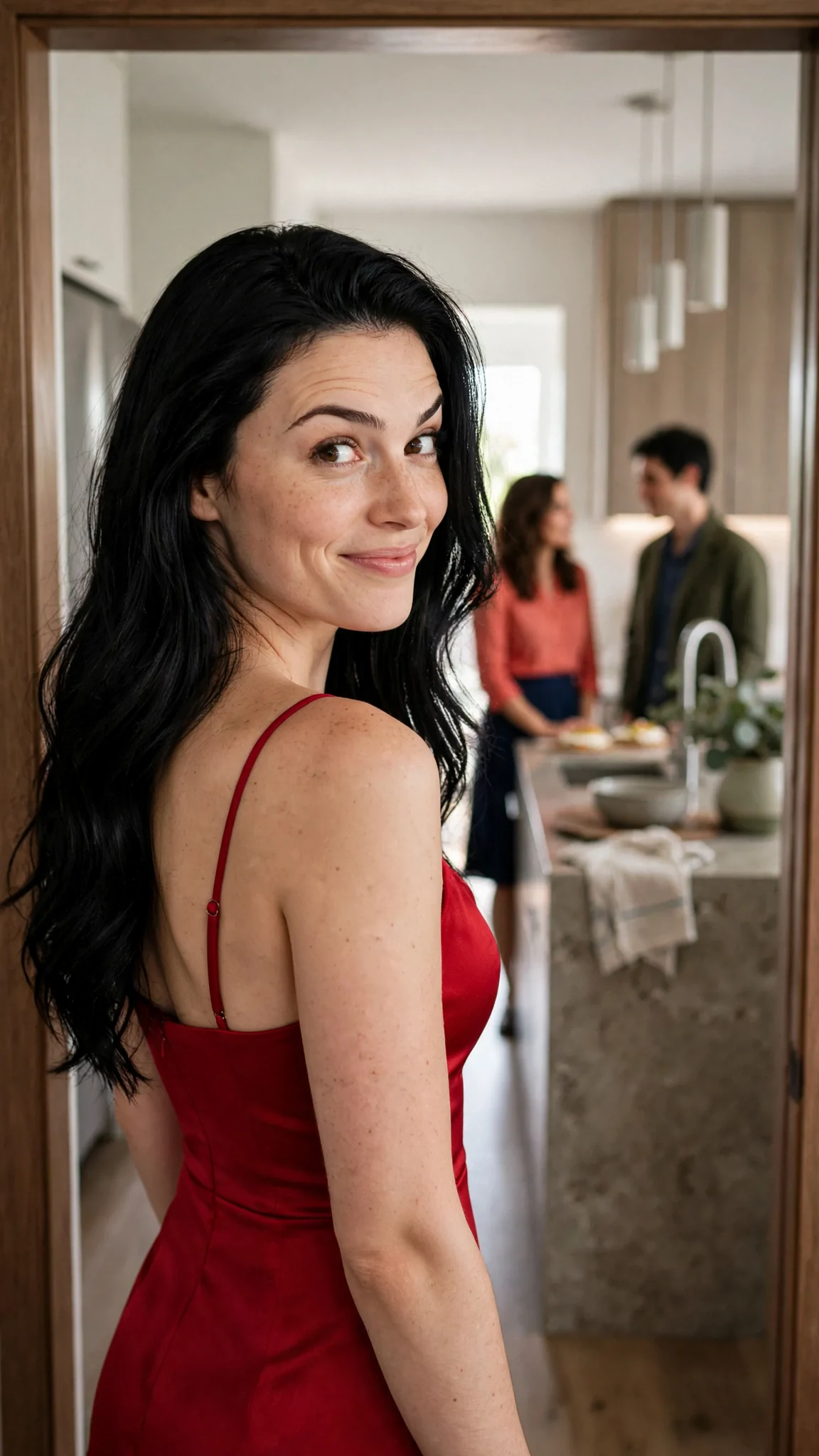 The dark-haired woman in the red dress smirks over her shoulder as she leaves the kitchen.