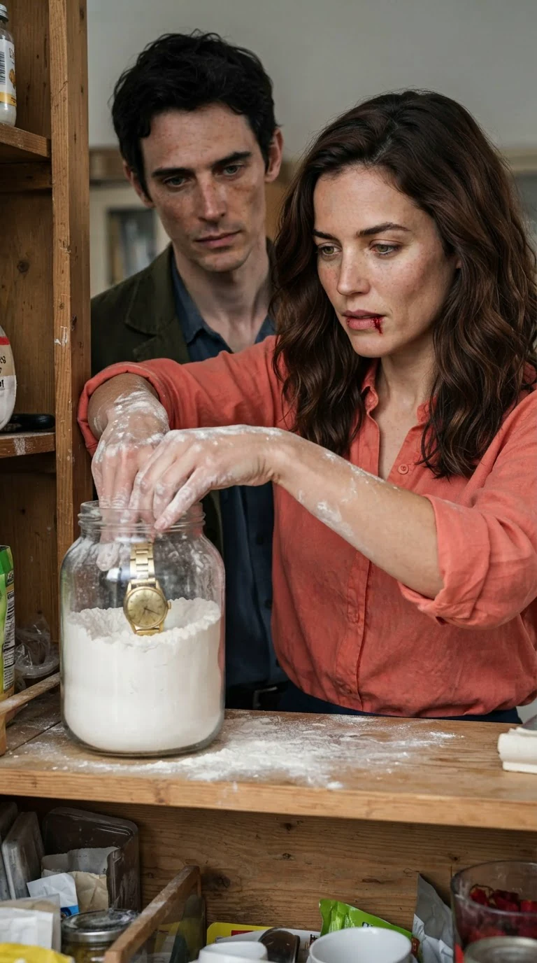 The woman pushes the old watch deep into a jar of white flour on the kitchen shelf.