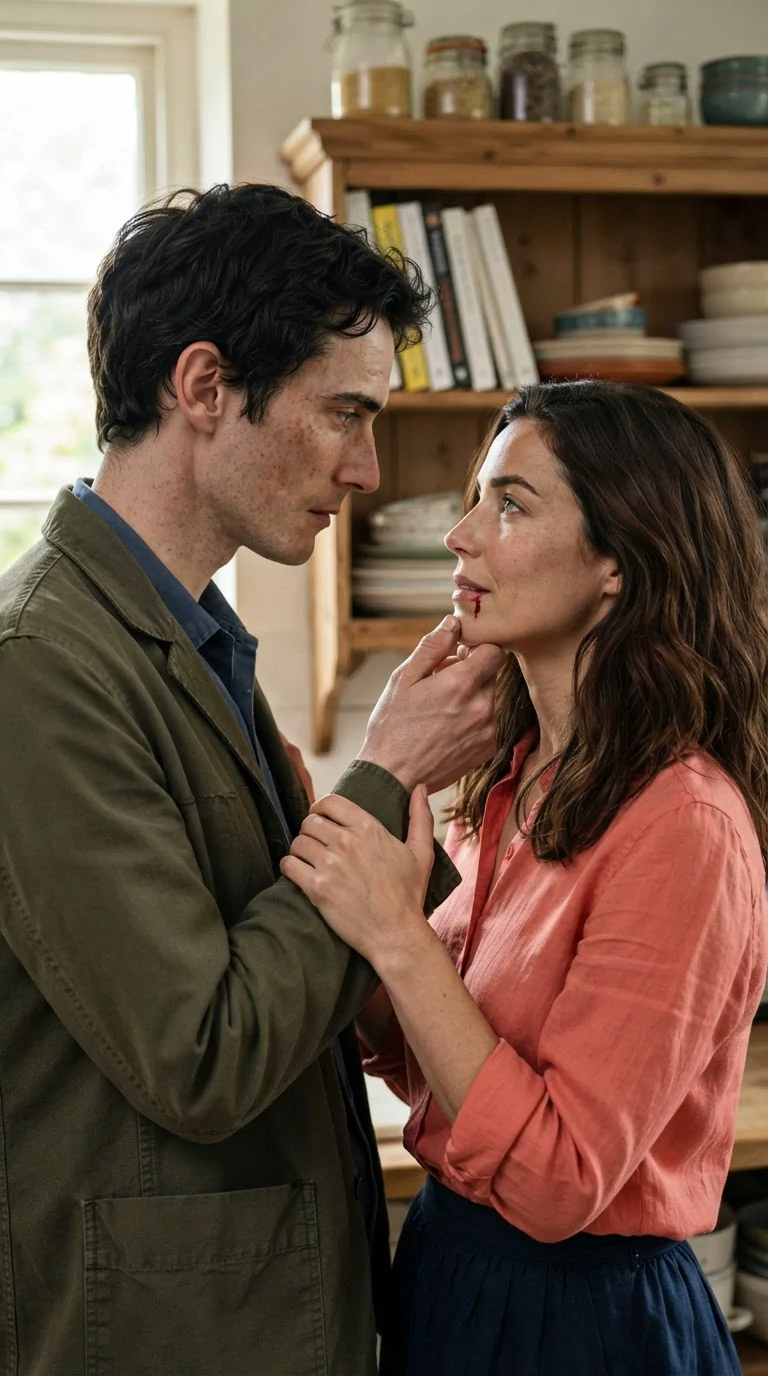 The tall man touches the woman's cut lip gently with his thumb.