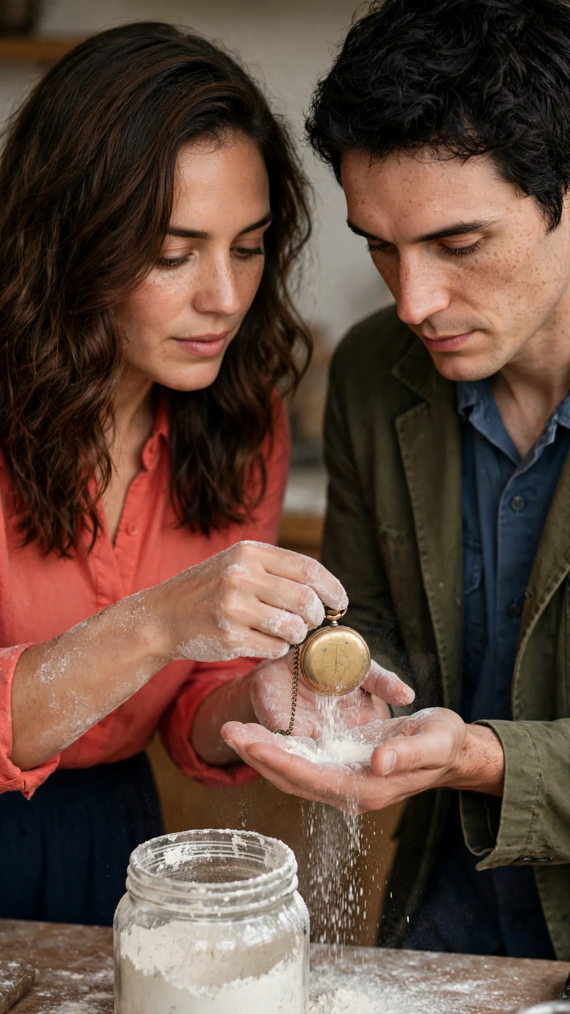 The woman digs the watch out of the flour jar and puts it into the man's open hand.