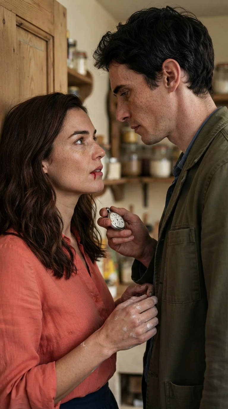 The woman stands very close to the man by the kitchen door and asks him a question.